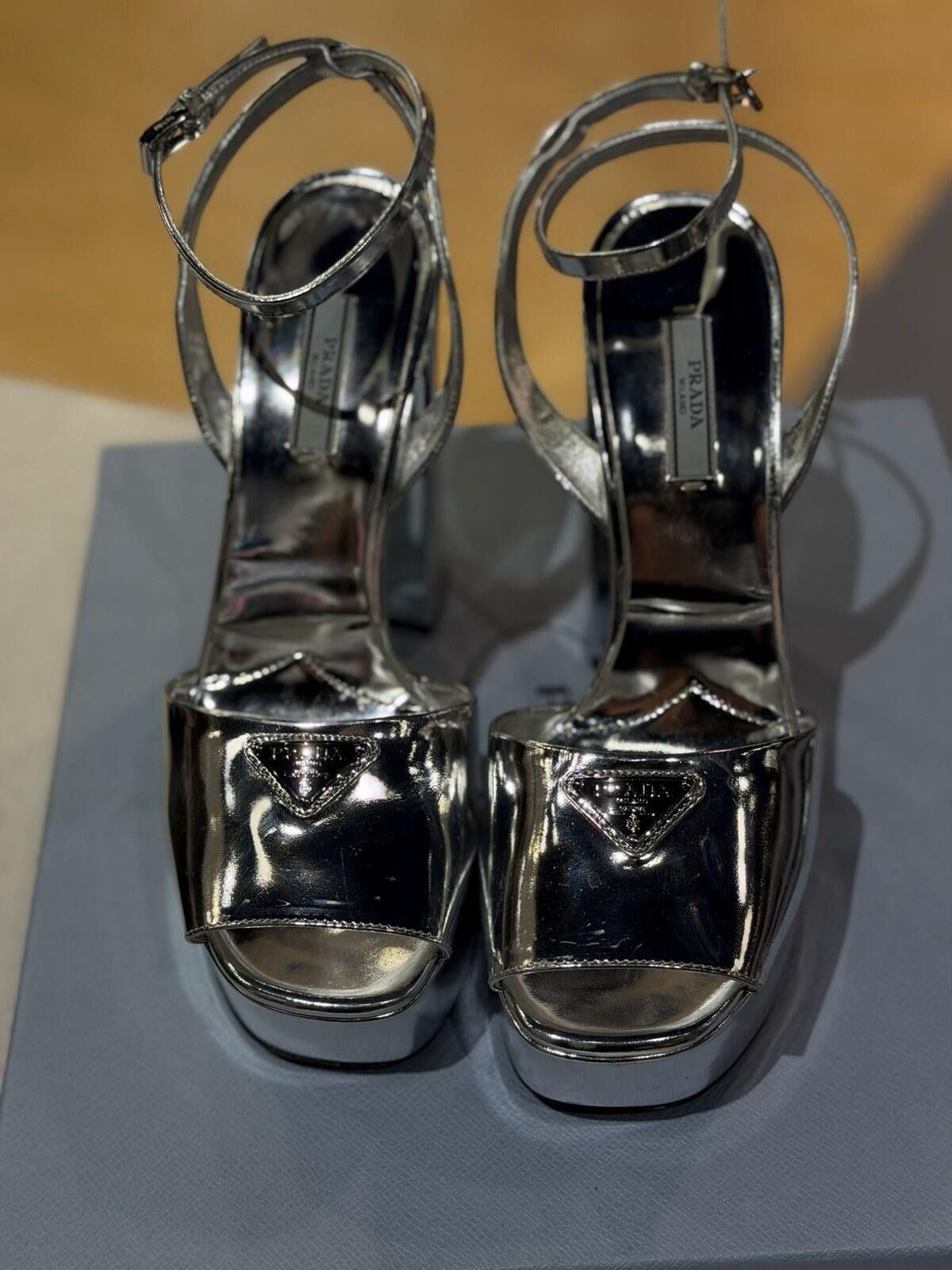 Prada Prada 135mm Metallic Silver Logo Platform Sandal Heel 39.5EU Size US 9.5 / IT 39.5 - 2 Thumbnail