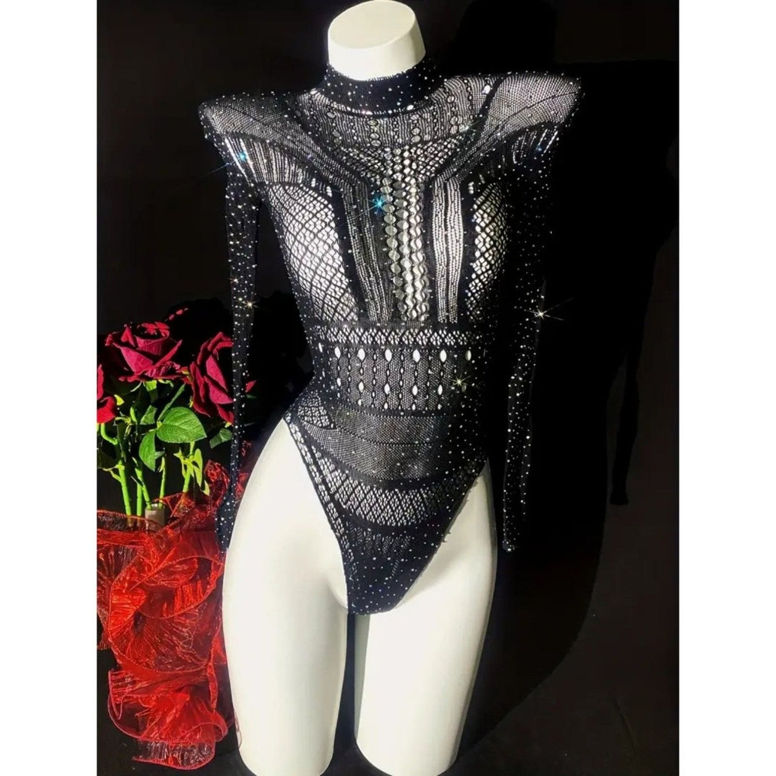 Other Club Sheer Elegant Black Rhinestone Long Sleeve Bodysuit Size ONE SIZE - 2 Thumbnail