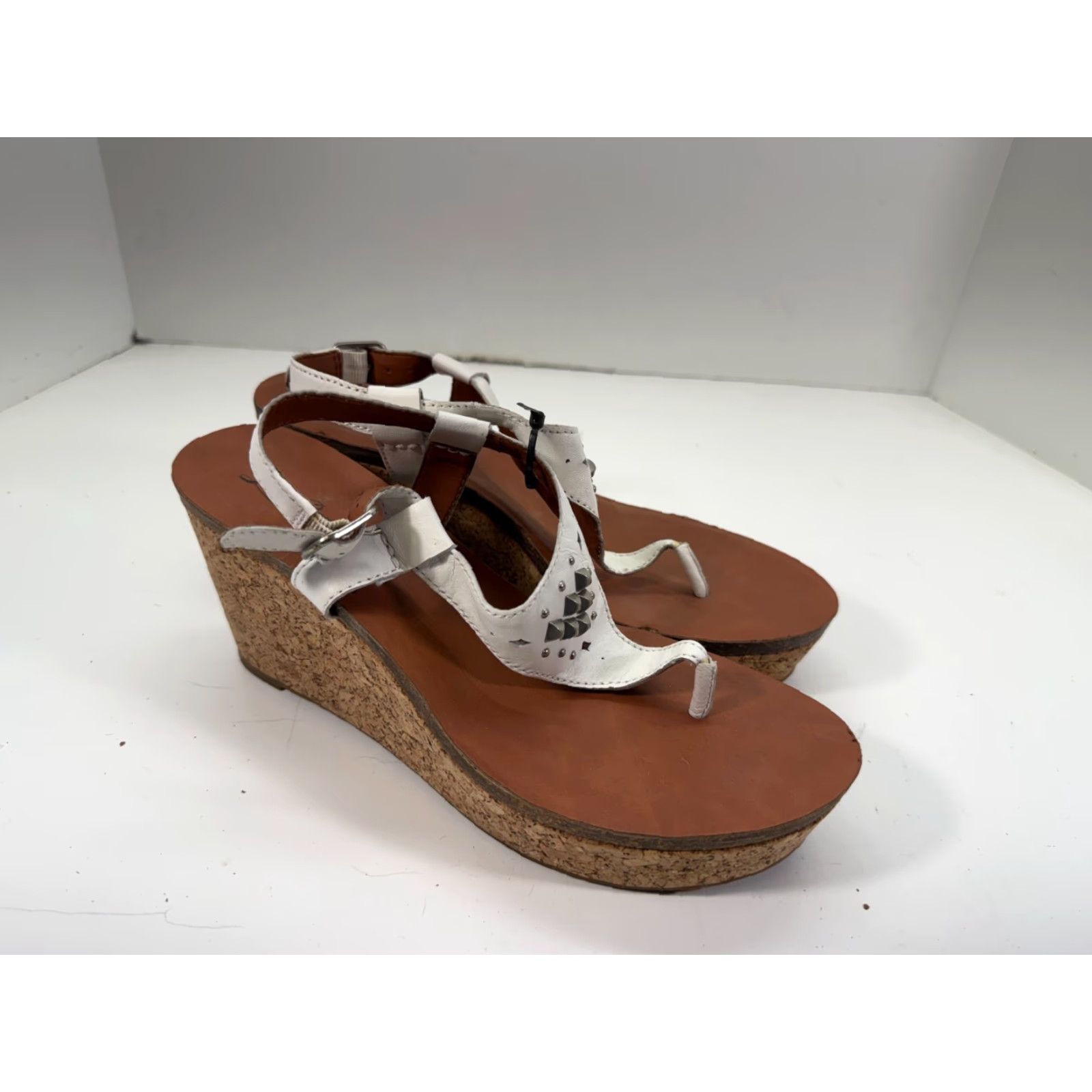 Lucky Brand Lucky Brand Thong Wedge Sandals Womens 9M Brown White Studded Cork Platform Boho Size US 7 / IT 37 - 5 Thumbnail