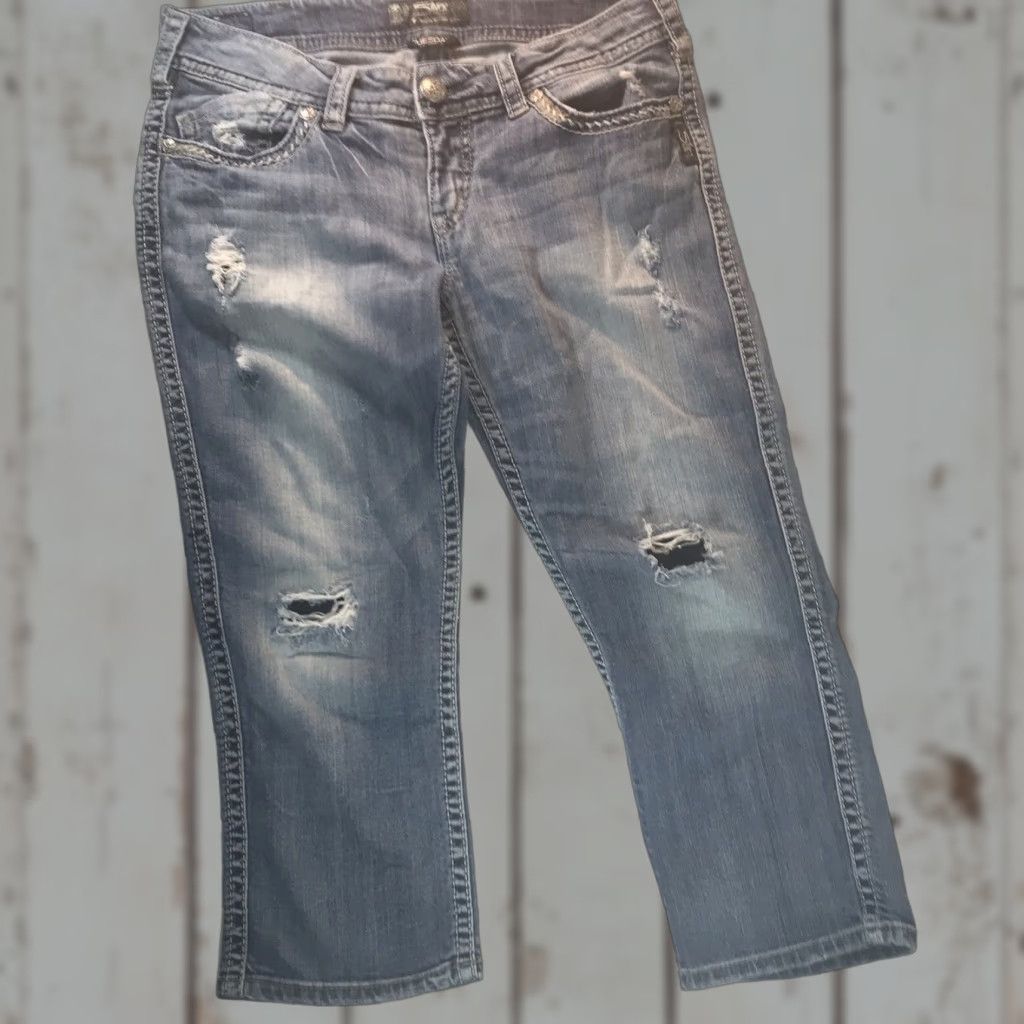 Silver Jeans Co. Vintage Silver Jeans Co. Women's Capri Pants Low Rise Distressed Embroidered Logo Cotton Blue Size 31 Size 24" / US 00 / IT 34 - 1 Thumbnail