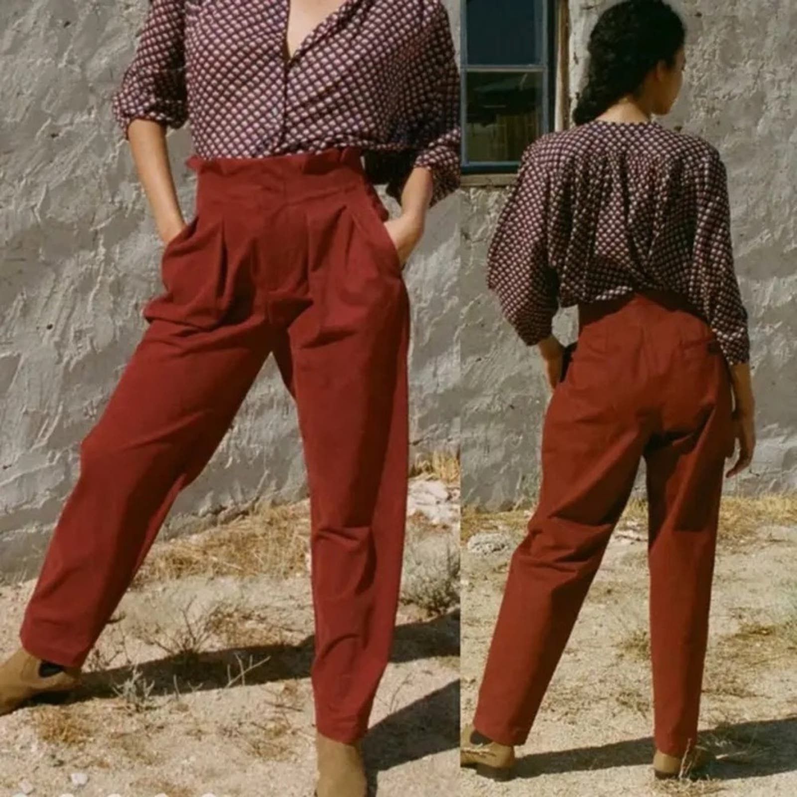 image of Doen Louvre High Rise Paperbag Waist Pants In Terracotta 8 in Red, Women's (Size 30)
