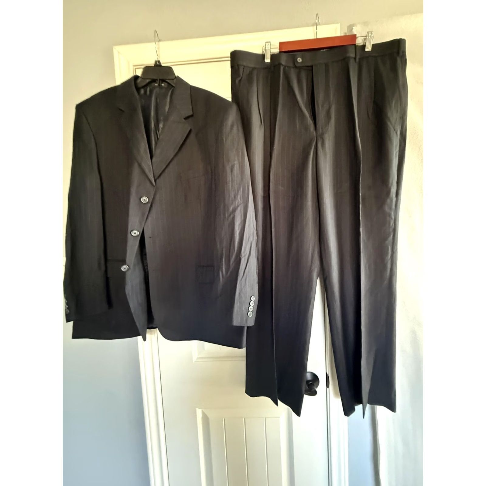 George George Suit 2 Piece Jacket Pants Mens 48L 44x32 Blue Pinstripe Polyester Viscose Size 48R - 2 Thumbnail