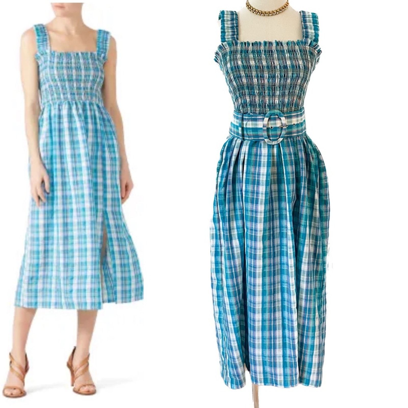 image of Nicholas Smocked Apron Dress Plaid Retro Dress W/ Belt S-L in Blue, Women's (Size Small)