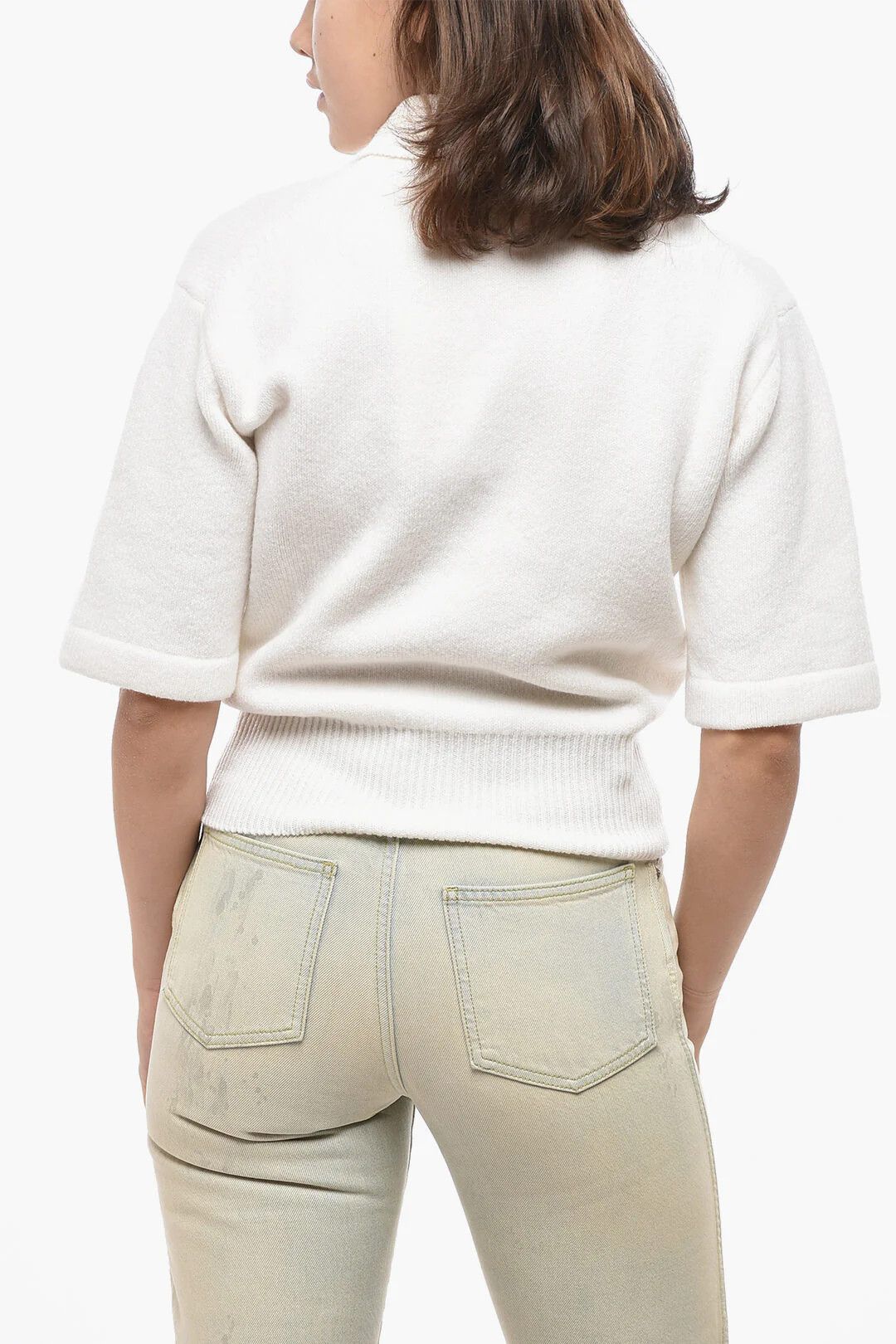 Salvatore Ferragamo og1mm0426 Mixed Cashmere Short-Sleeve Polo Sweater in White Size XS / US 0-2 / IT 36-38 - 2 Thumbnail
