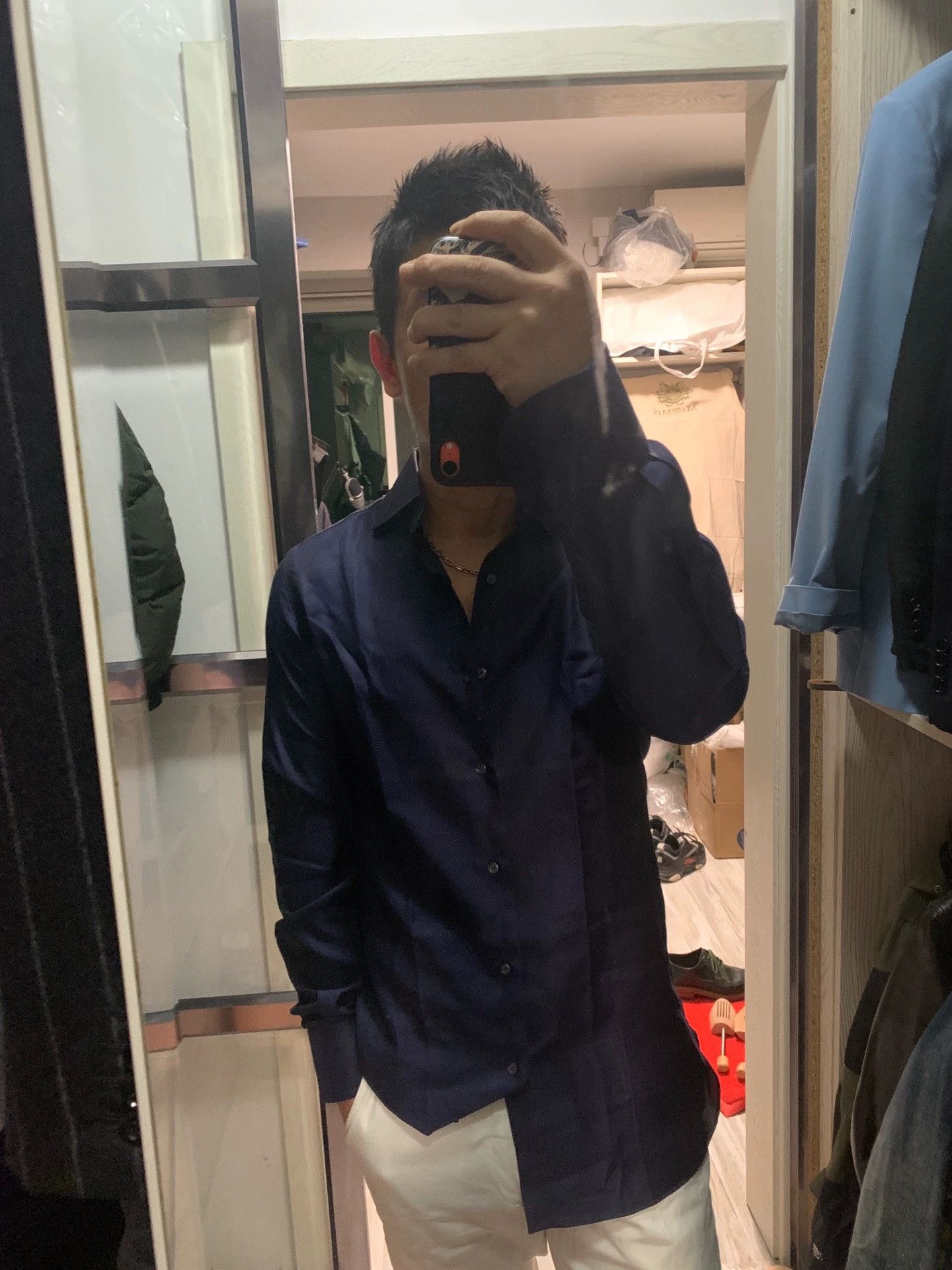 Stile Latino Stile Latino Navy Grid Long-Sleeve Shirt 38 Only Tried On Size US S / EU 44-46 / 1 - 1 Thumbnail