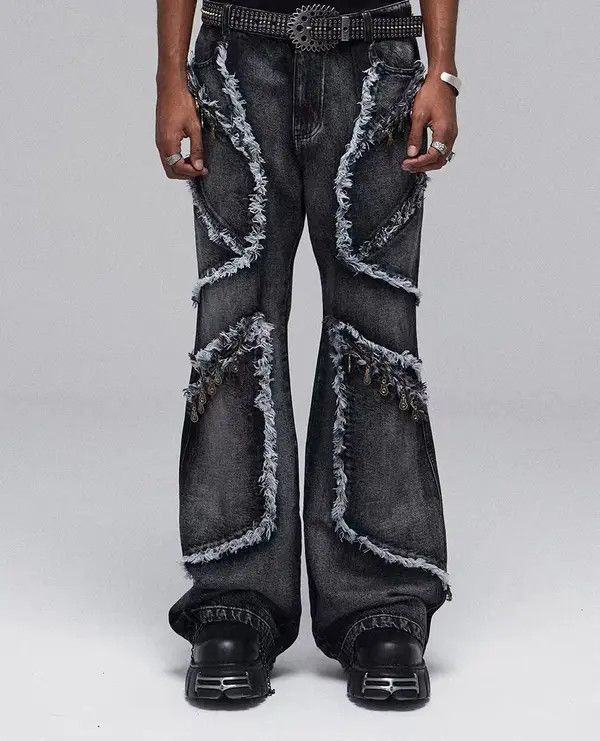 Vintage deconstructed washed distressed fringed jeans