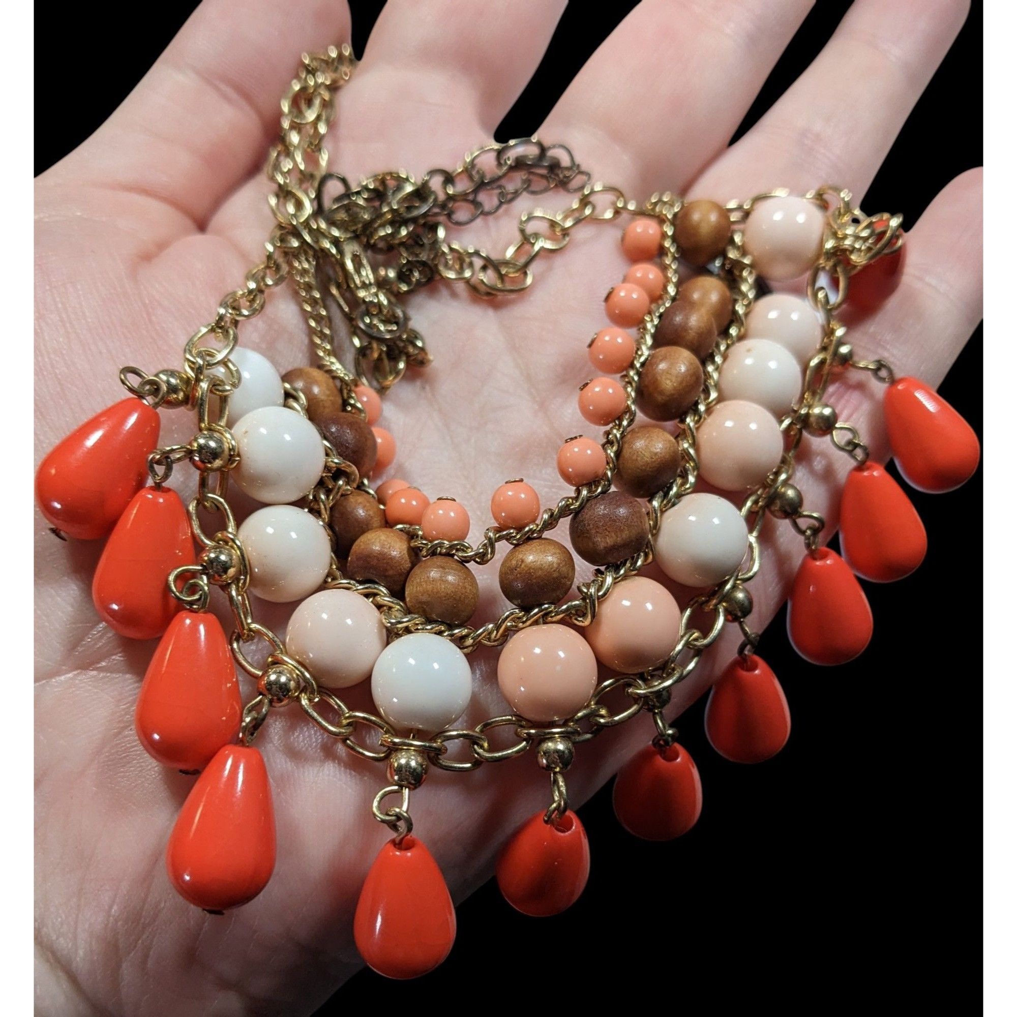 Other Retro Bohemian Orange And Pink Beaded Fringe Bib Necklace Size ONE SIZE - 5 Thumbnail