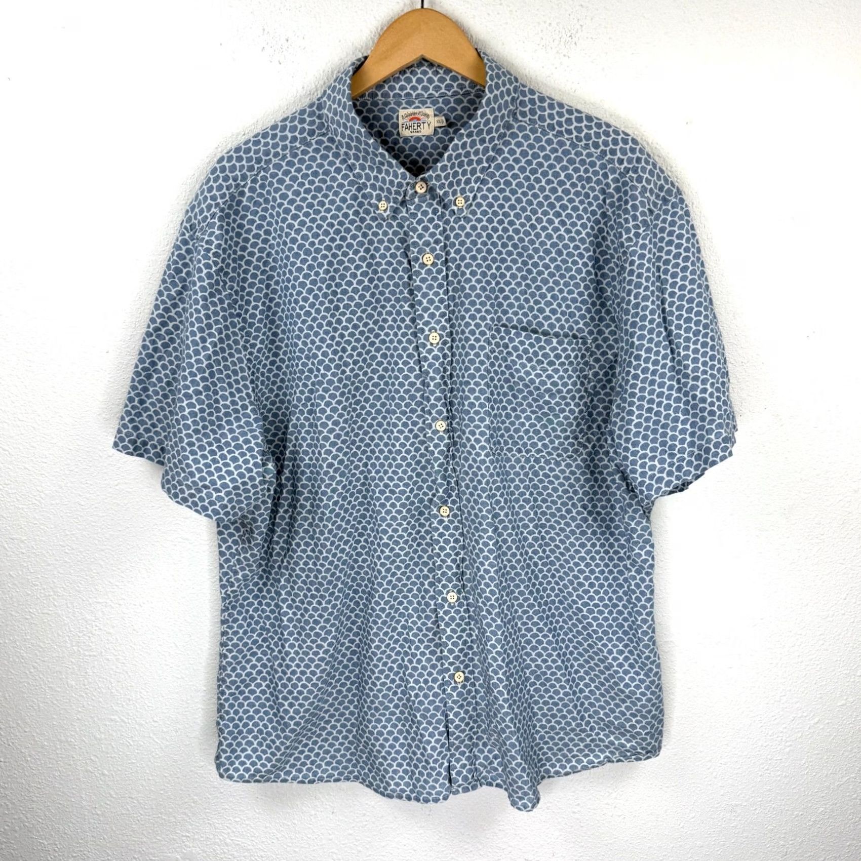 Faherty Faherty Mens Button-Down Short Sleeve Shirt Blue Geometric Pattern 2XL Regular Adult Men Size US XXL / EU 58 / 5 - 2 Thumbnail