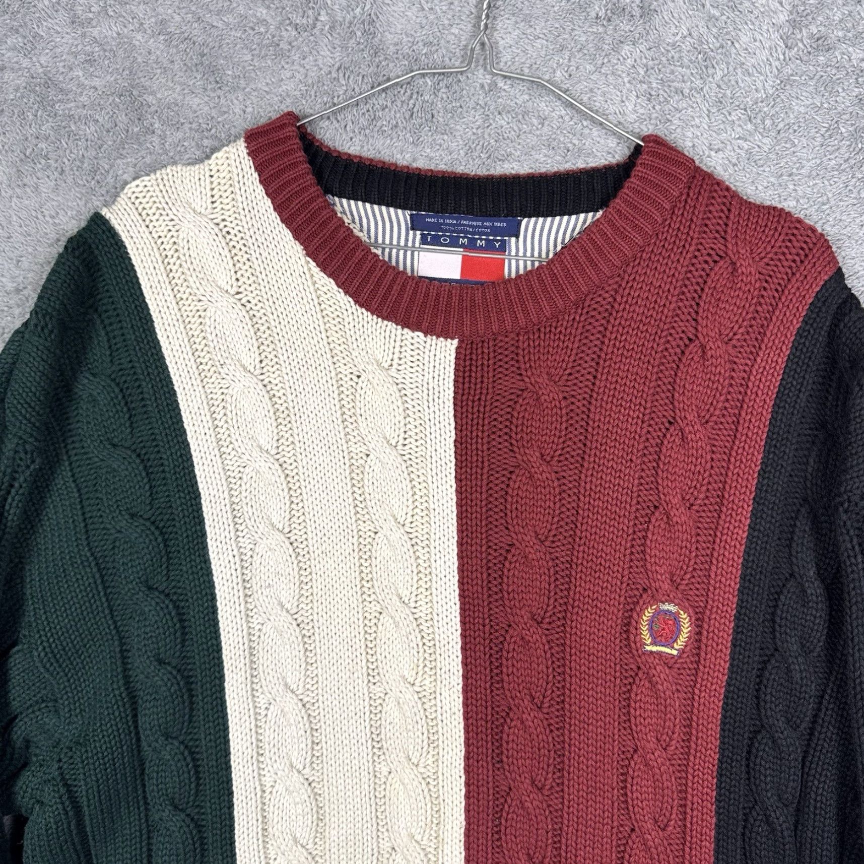 Tommy Hilfiger VINTAGE Tommy Hilfiger Cable Knit Sweater Mens XL Crest Rugby Stripe Pullover Knit Vtg Size US XL / EU 56 / 4 - 4 Thumbnail