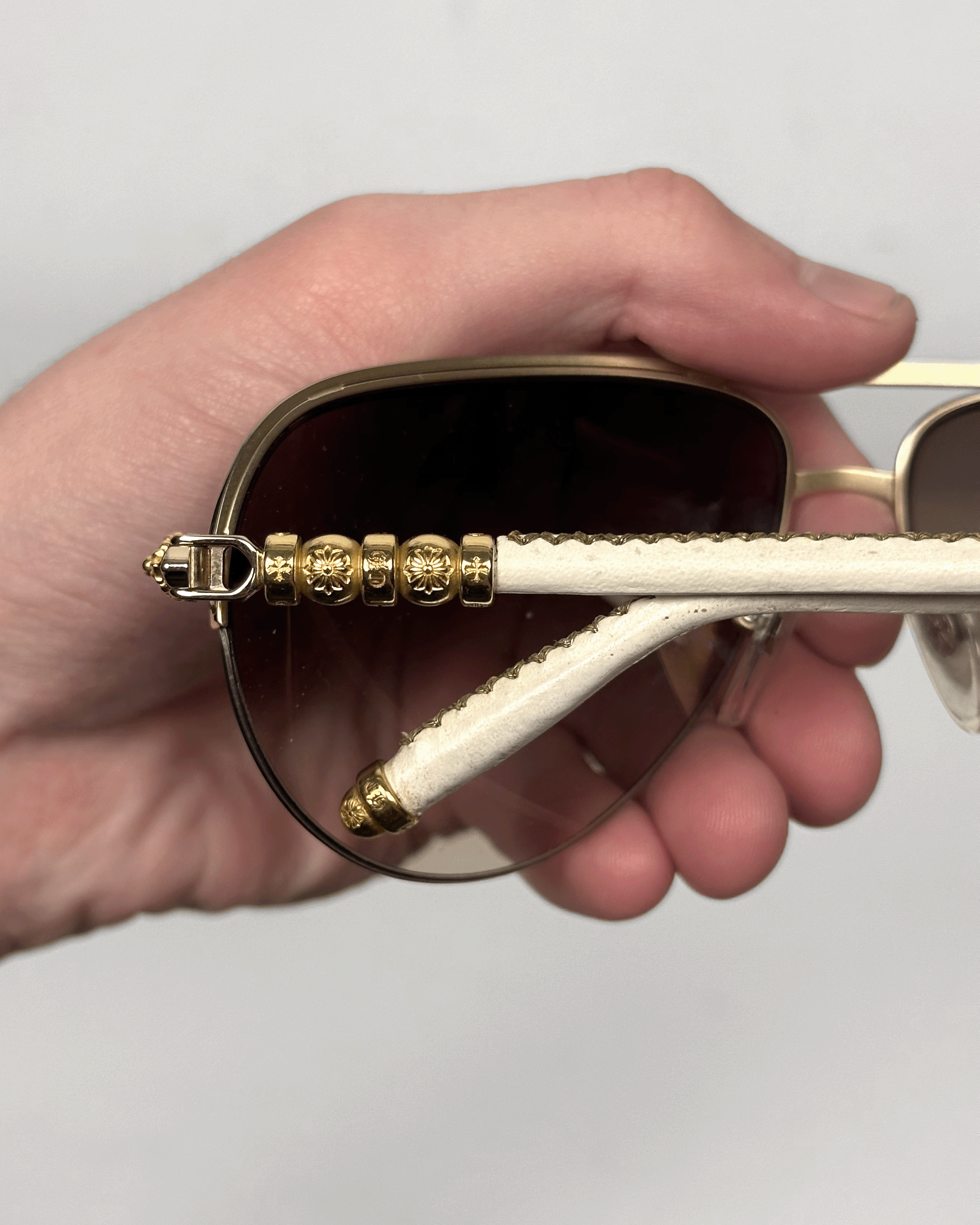 Chrome Hearts Chrome Hearts Gold White Leather Balls Aviator Sunglasses Size ONE SIZE - 4 Thumbnail