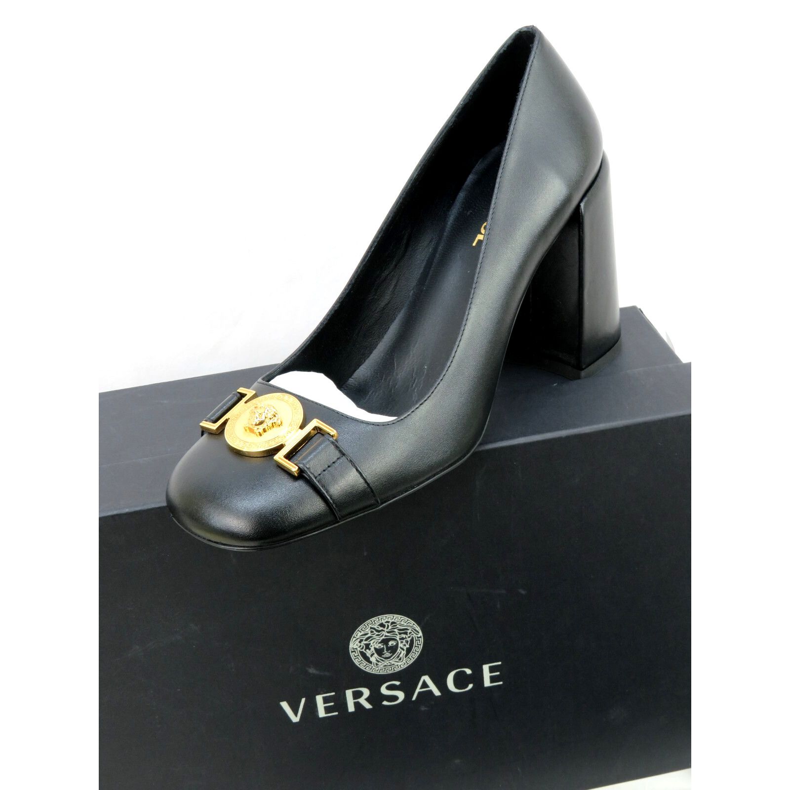 Versace VERSACE BLACK LEATHER GOLD MEDUSA HEAD LOGO HEEL PUMPS 37 7 Size US 7 / IT 37 - 11 Thumbnail
