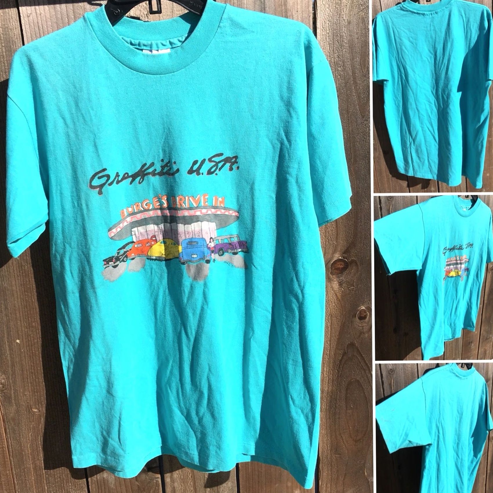 Hanes VINTAGE Hanes Graphic Tee Turquoise 1990s 1990s Burge’s Drive In L Men's Short Sleeve Cotton Blend USA Printed Fifty Fifty Shirt Size US L / EU 52-54 / 3 - 5 Thumbnail