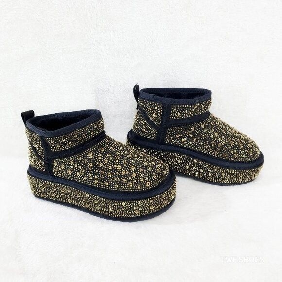 Other Ego Flashy Platform Ankle Boots Black w/ Gold Rhinestones Size US 7 / IT 37 - 2 Thumbnail