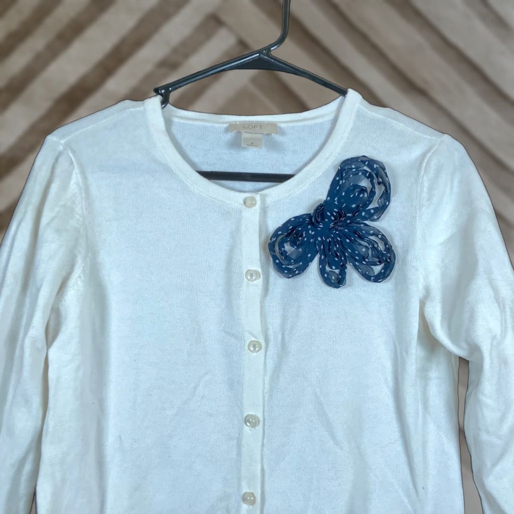 Loft LOFT Ann Taylor Womens Cardigan Sweater 100% Cotton White Navy Bow Button Front S Crew Neck Knit Lightweight Regular Long Sleeve Women Size S / US 4 / IT 40 - 1 Thumbnail