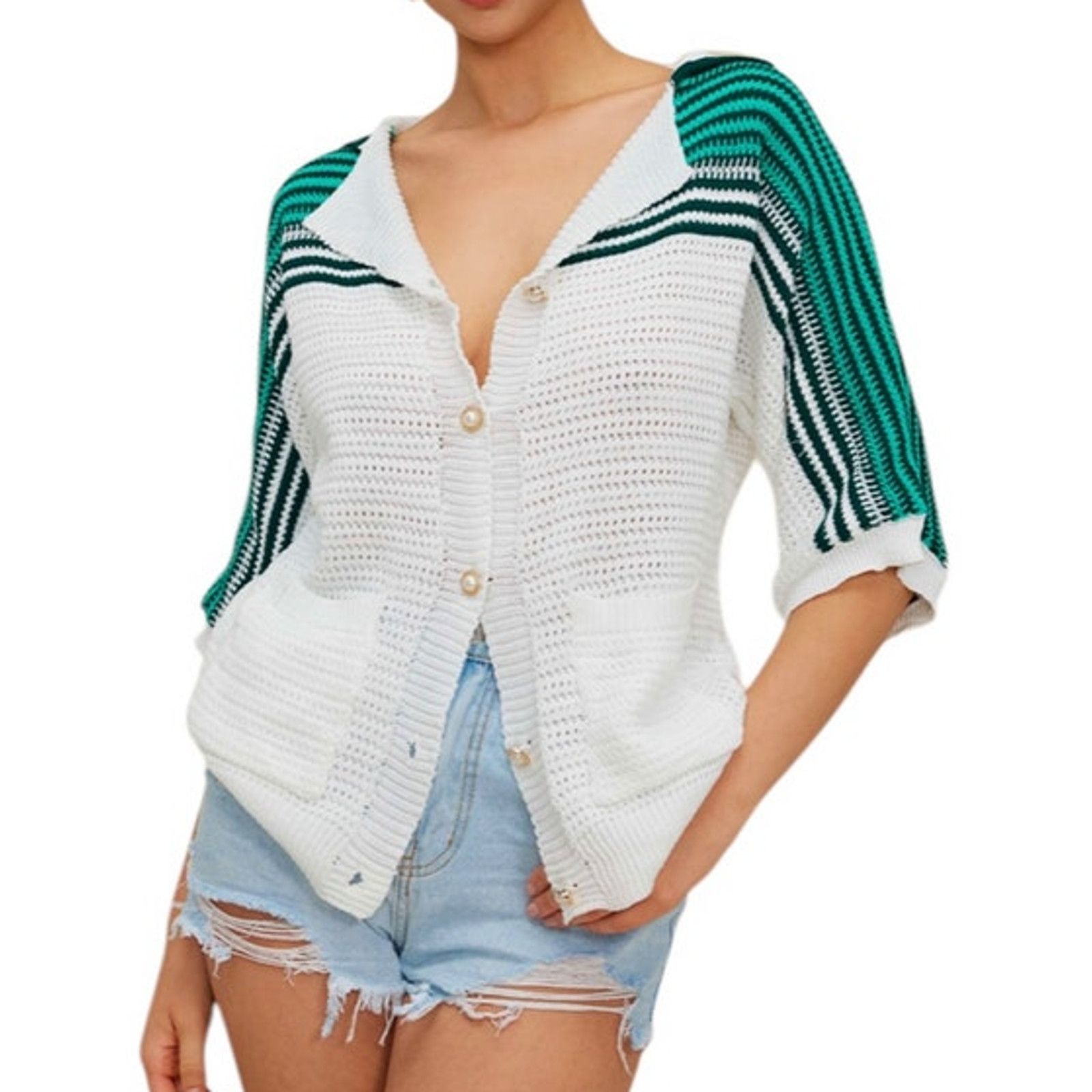 Other White Green Black Contrast Crochet Short Sleeve Sweater Top Size S / US 4 / IT 40 - 2 Thumbnail