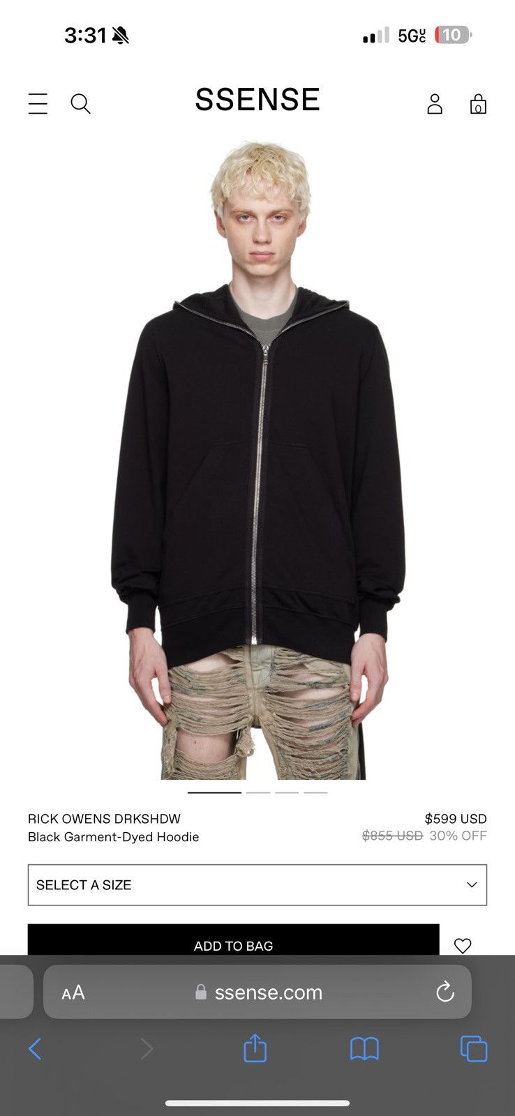 image of Rick Owens Gimp Hoodie in Black, Men's (Size Small)