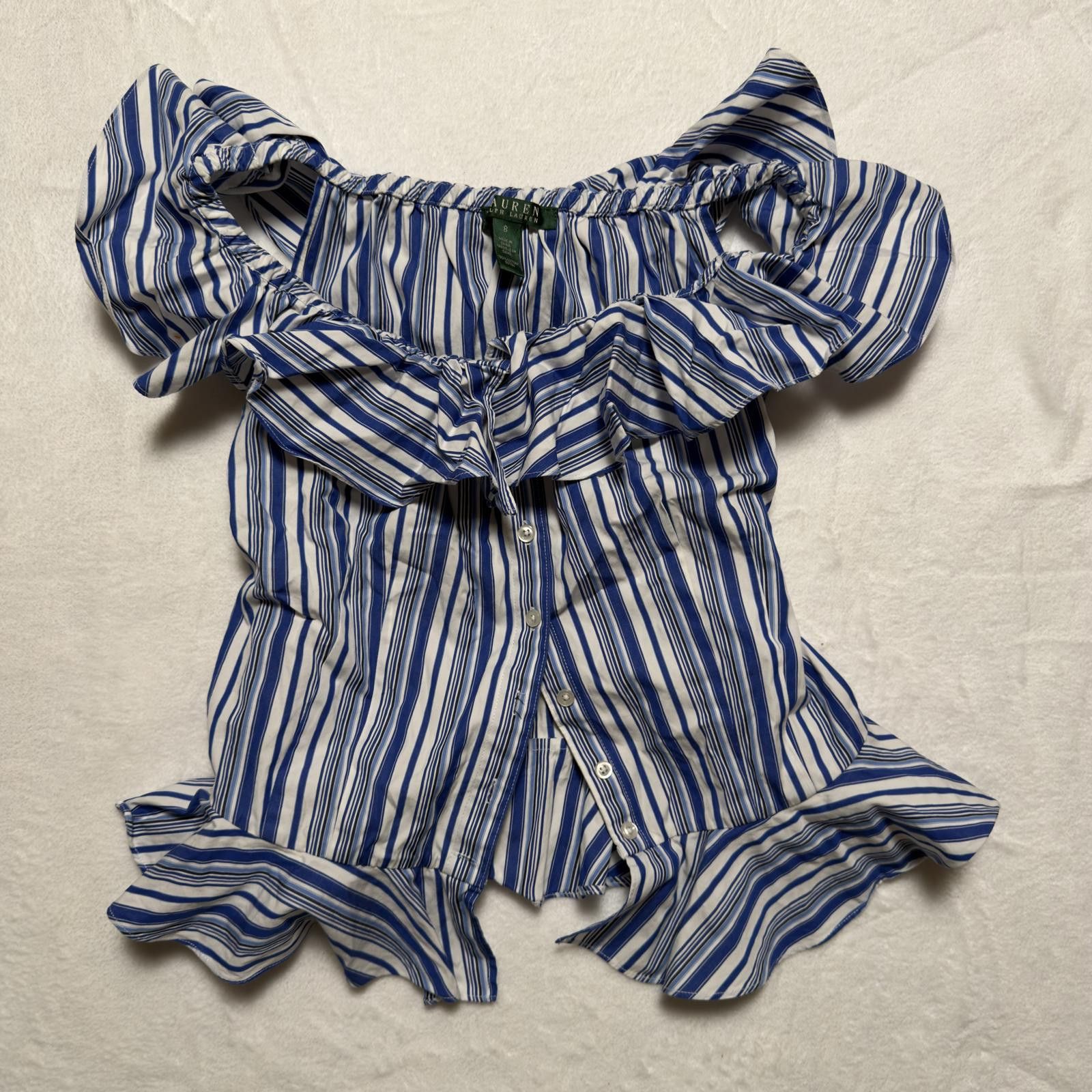 Lauren Ralph Lauren Lauren Ralph Lauren Blue Striped Off-Shoulder Ruffle Blouse Size M / US 6-8 / IT 42-44 - 1 Thumbnail