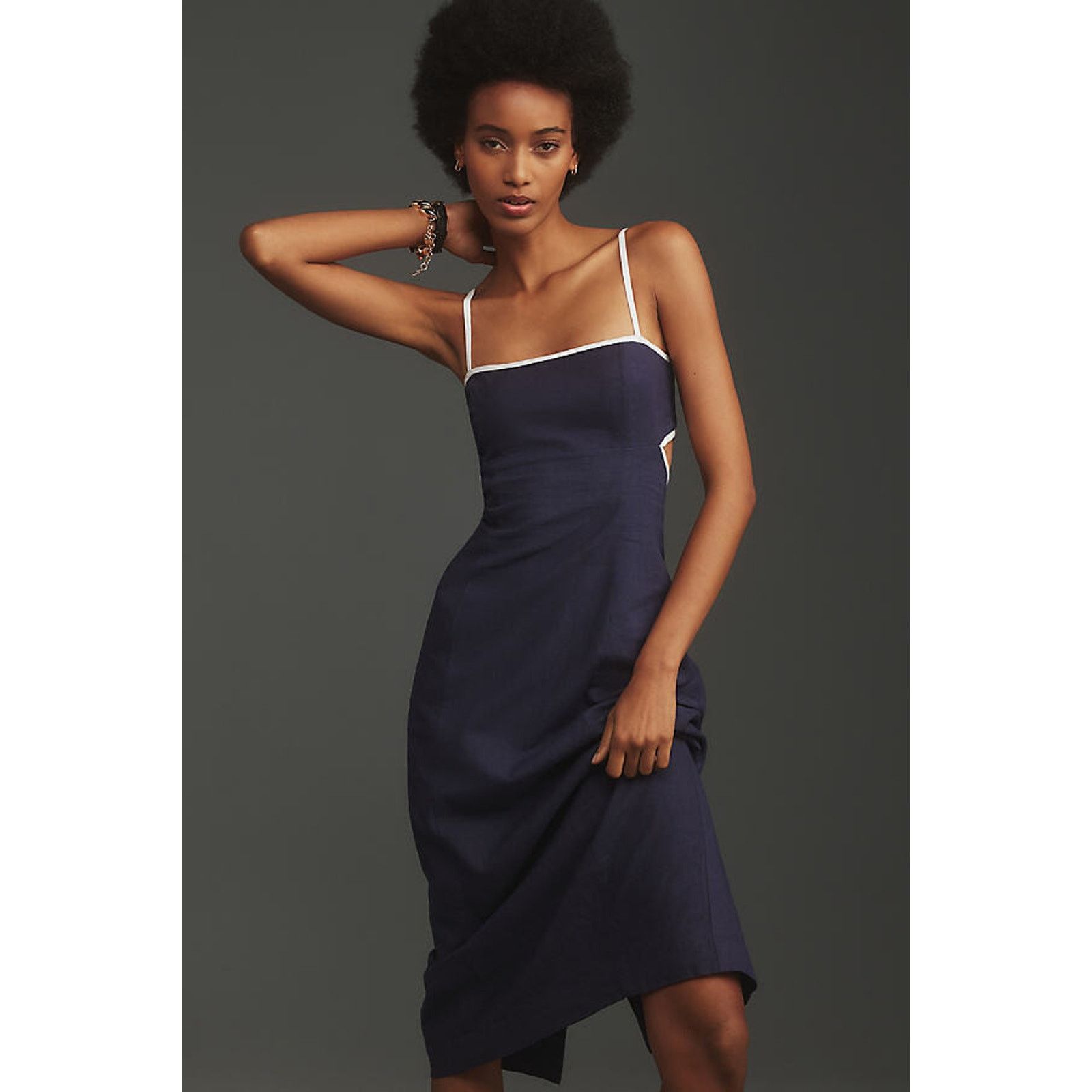 Anthropologie NWT Maeve Dafni Cutout Linen Midi Dress $168 X-LARGE Navy Size XL / US 12-14 / IT 48-50 - 3 Thumbnail