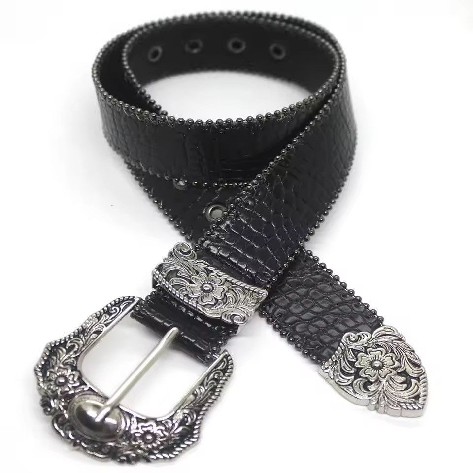 Japanese Brand Vintage style western silver crocodile pu leather belt Size 32 - 8 Thumbnail