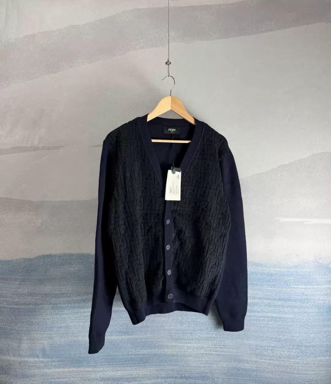 Fendi Fendi Dark Blue Wool Cardigan with Print Size US L / EU 52-54 / 3 - 1 Thumbnail