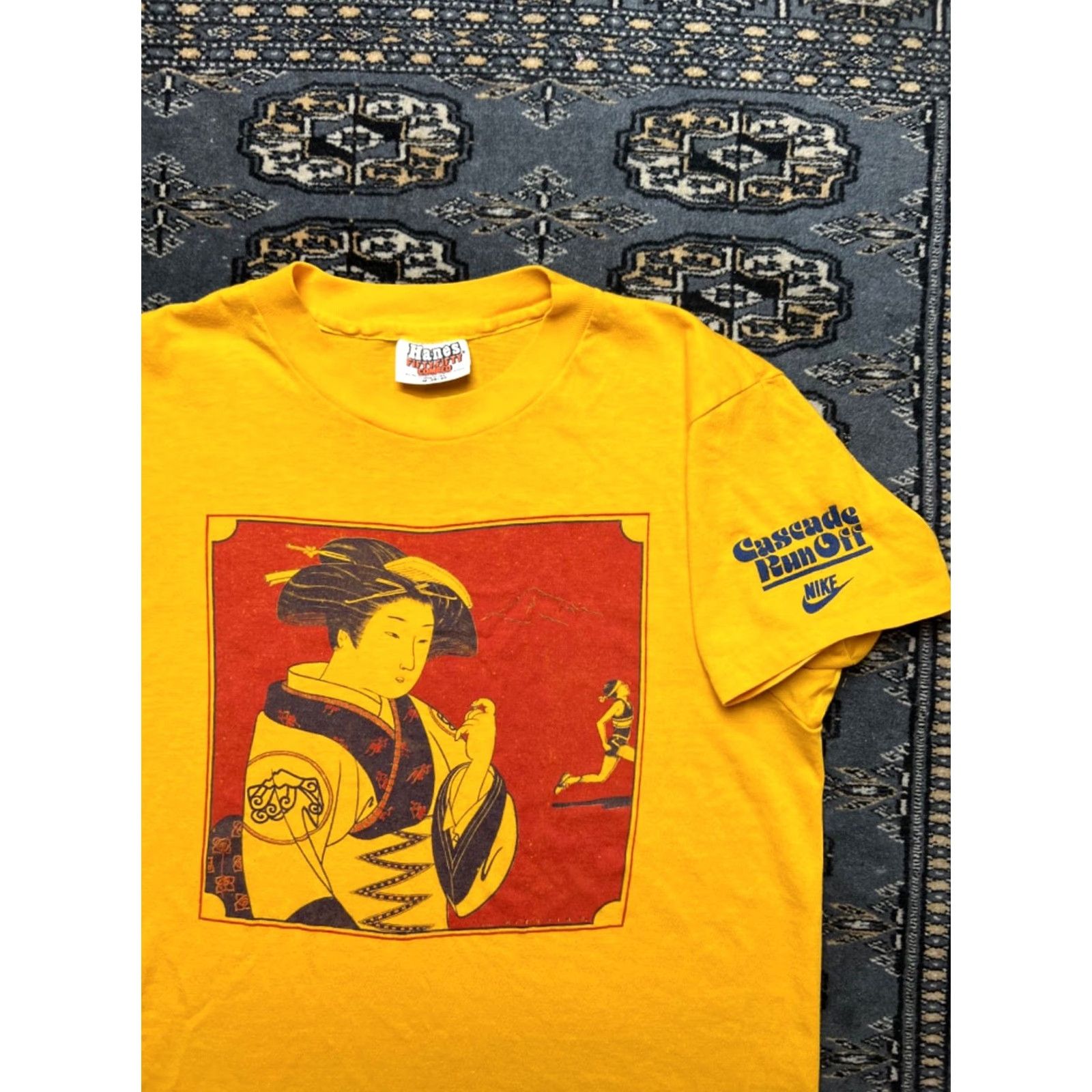 Nike VINTAGE Nike Cascade Runoff Geisha Hanes Fifty Fifty Graphic Shirt Unisex M USA Made 1980s Yellow Graphic Tee Size US M / EU 48-50 / 2 - 2 Thumbnail