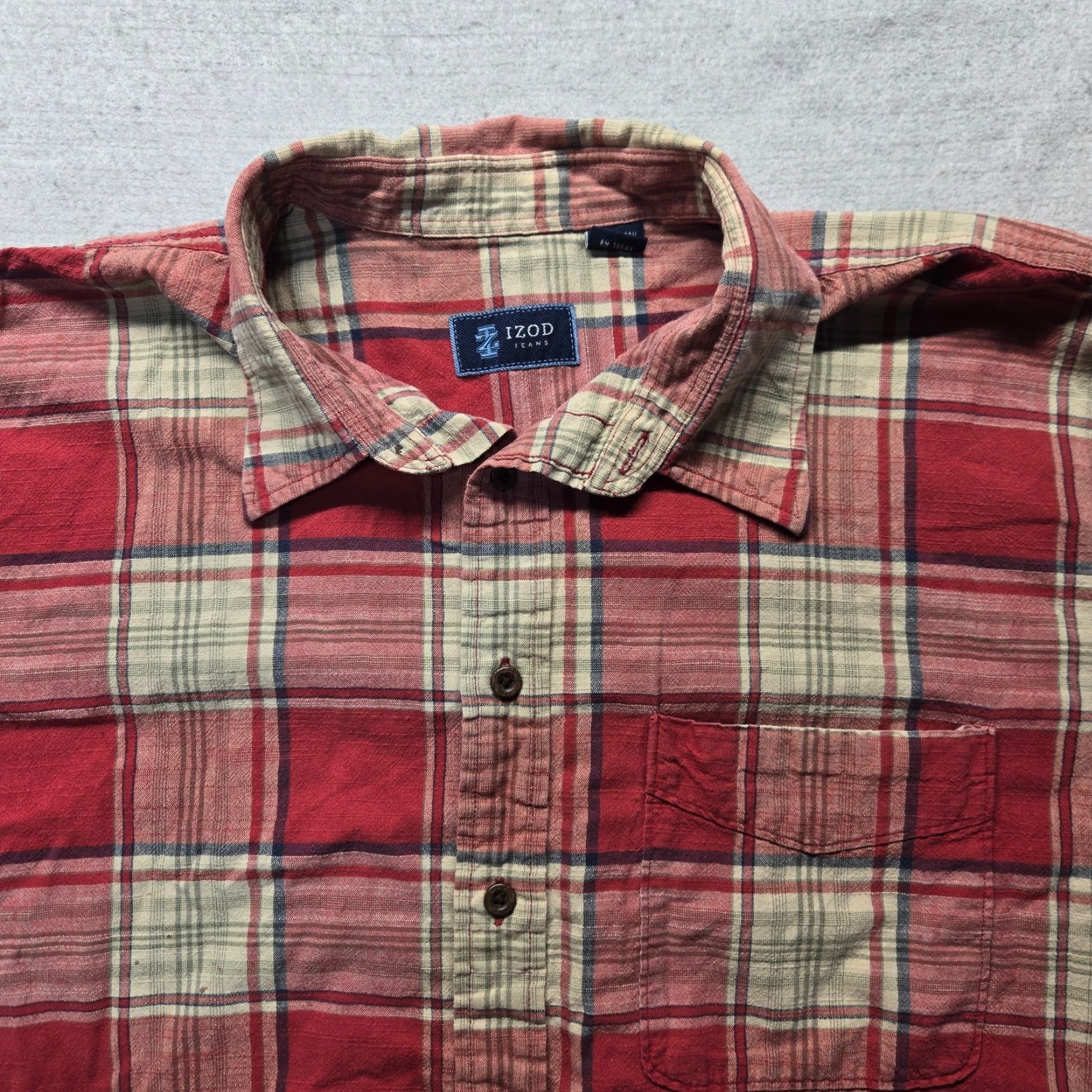 Izod IZOD Jeans Shirt Adult Men 2XL Red Plaid Short Sleeve Button Up Comp | Classic Casual, Travel Size US 39 - 2 Thumbnail