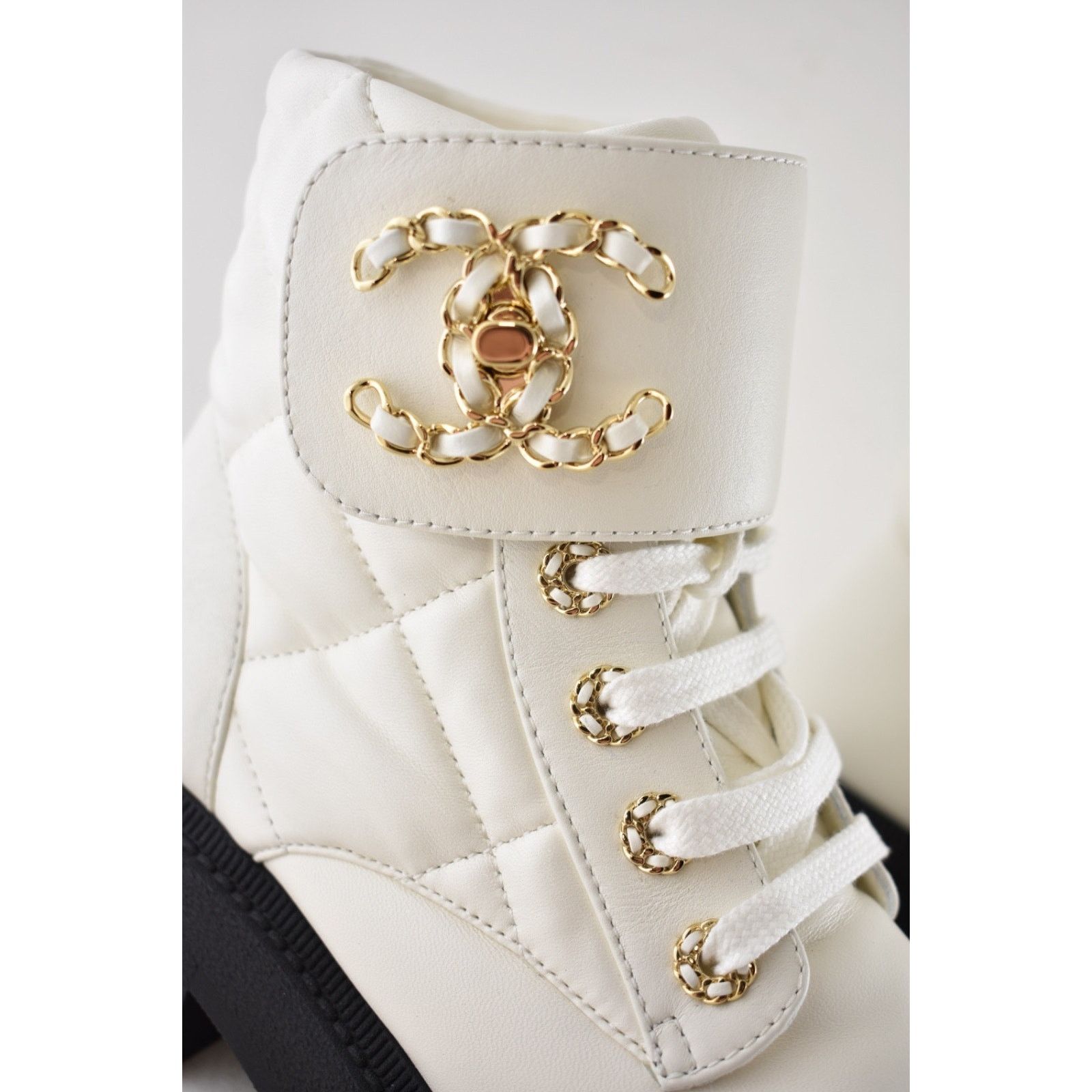 Chanel Chanel 24B White Quilt Gold CC Chain Combat Boots 37c Size US 6 / IT 36 - 7 Thumbnail