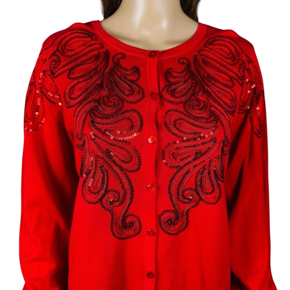 Bob Mackie Vintage Bob Mackie Embroidered Sequin Cotton Red Cardigan S Size L / US 10 / IT 46 - 2 Thumbnail