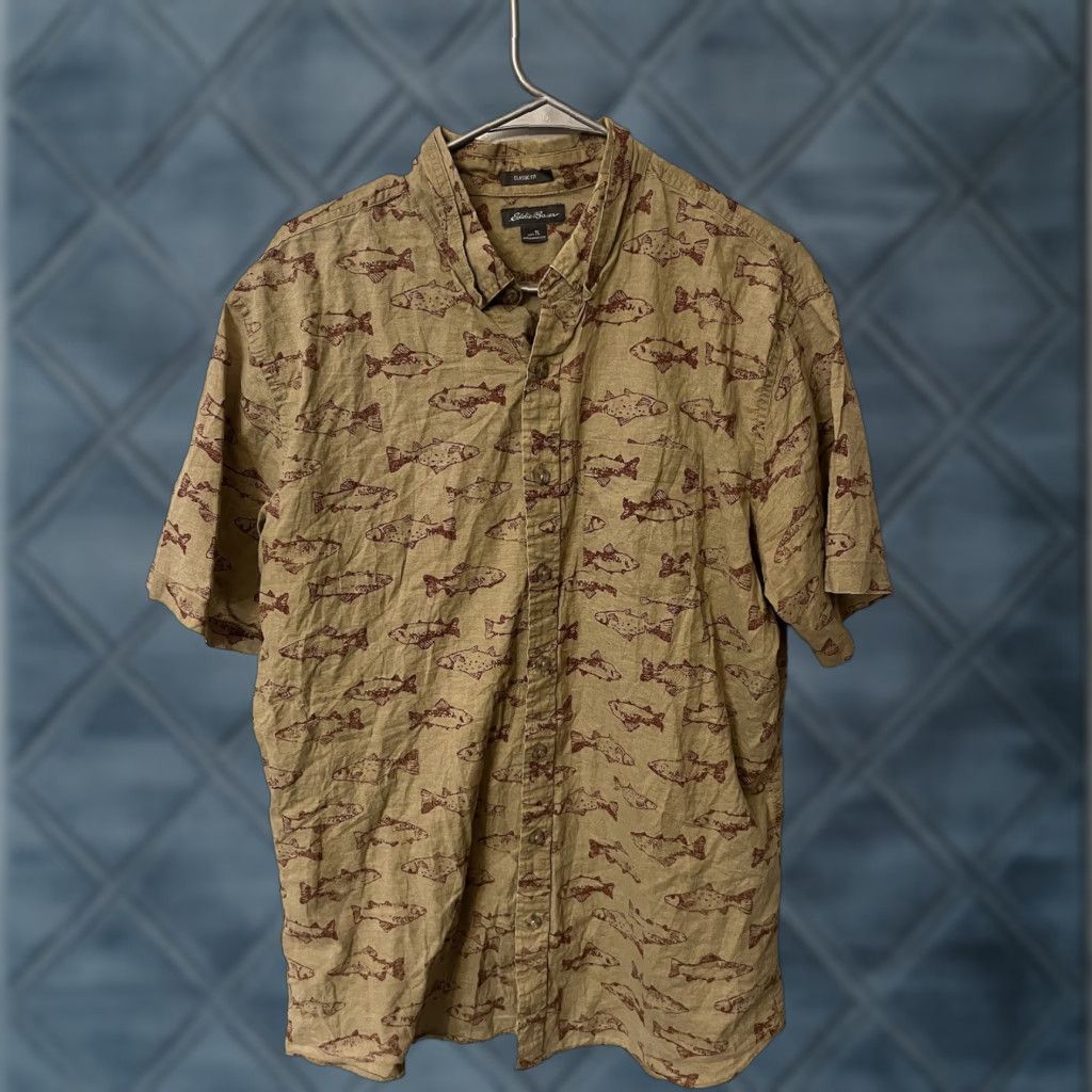 Eddie Bauer Eddie Bauer Button-Down Shirt Fish Brown Cotton Large Tall Short Sleeve Men Size US L / EU 52-54 / 3 - 1 Thumbnail