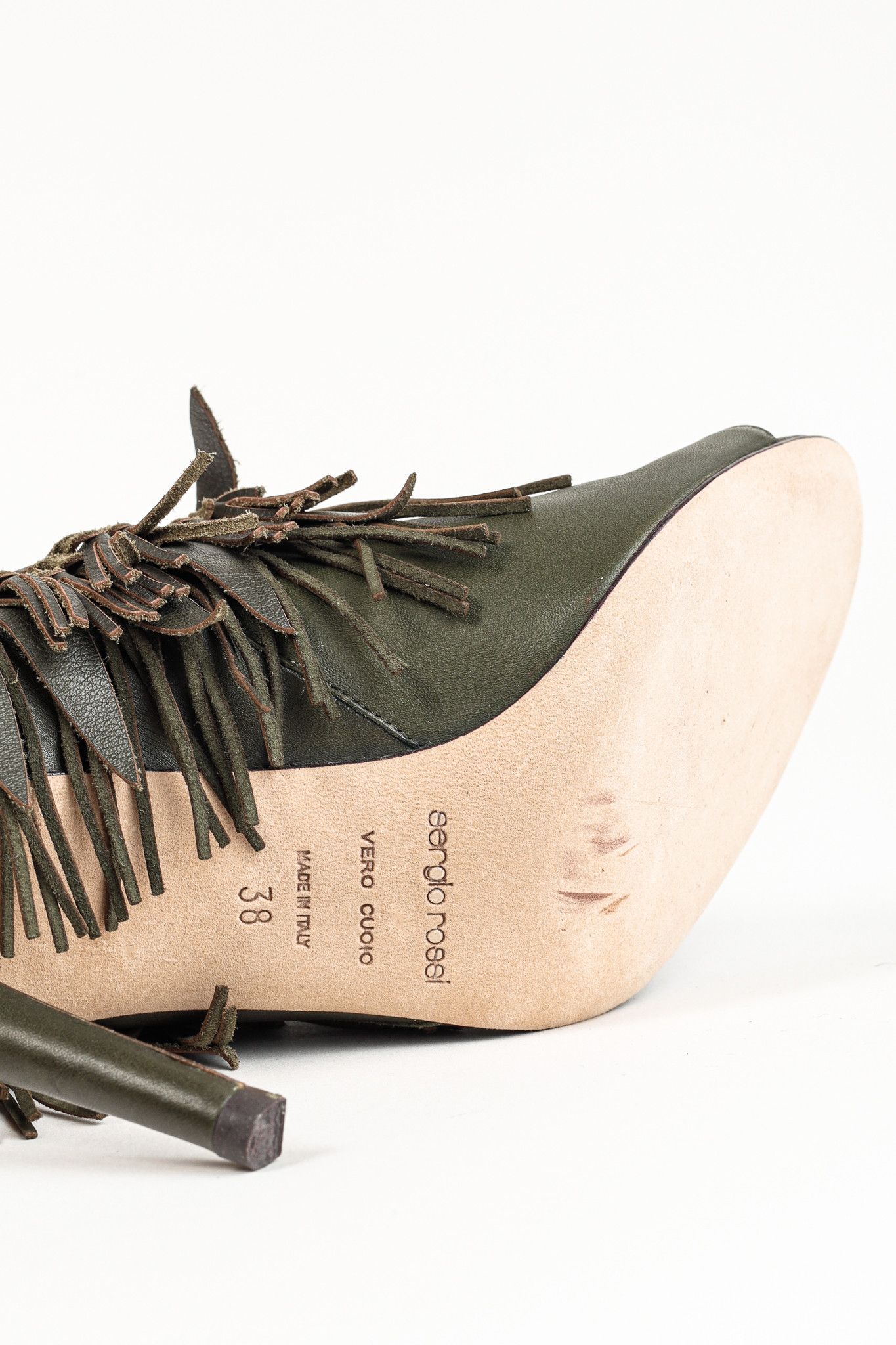 Sergio Rossi Sergio Rossi Green Leather Fringe Peep-Toe Bootie Size US 7.5 / IT 37.5 - 11 Thumbnail