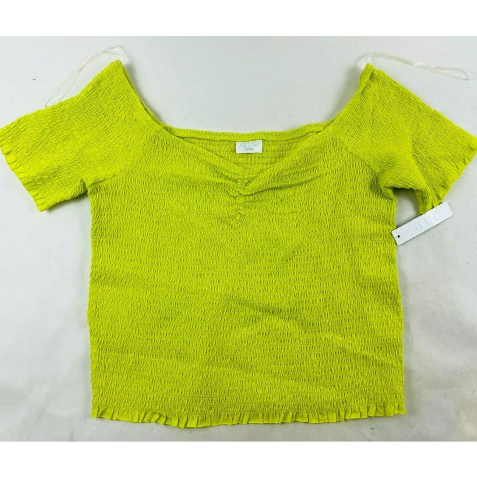 Vintage ABOUND T-shirt Women's L Neon Green Smocked Off Shoulder Crop top NWT Size L / US 10 / IT 46 - 2 Thumbnail