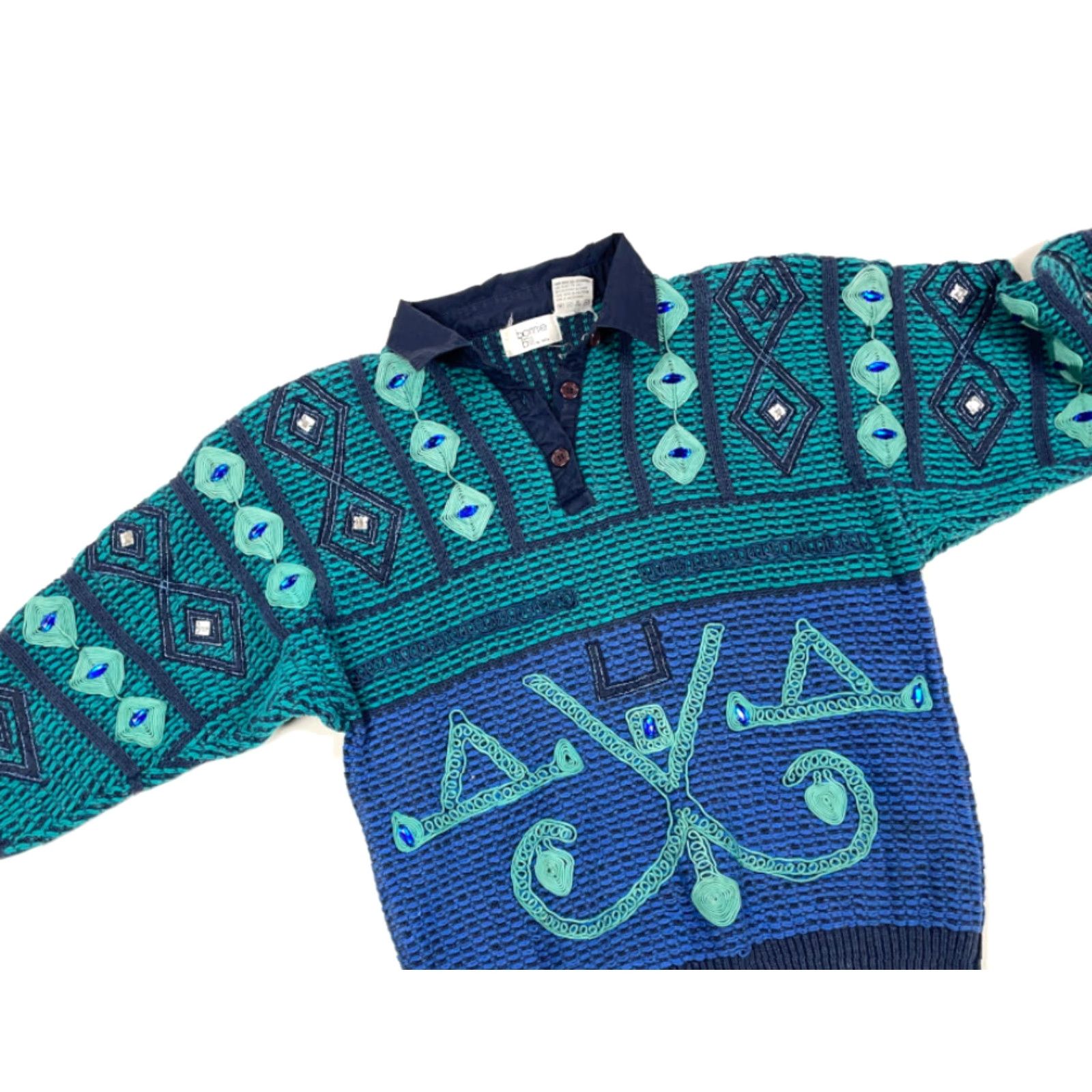 Vintage VINTAGE Bonnie and Bill Geometric Collared Sweater Women's Medium Green 80s 90s Bohemian Hipster Knit Chuck Ramie Cotton Pullover Size M / US 6-8 / IT 42-44 - 3 Thumbnail