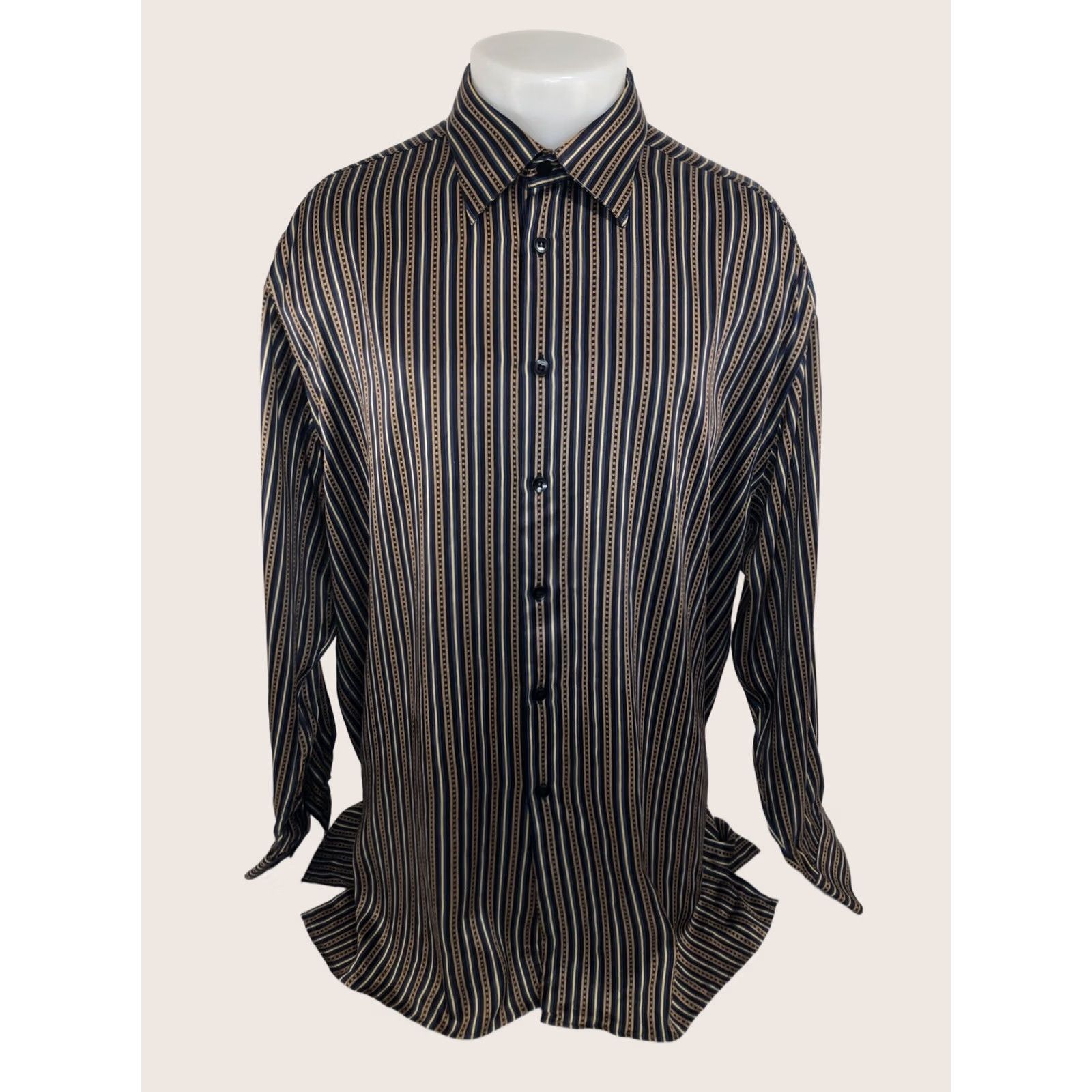 Vintage Bernini / Beverly Hills / Italy - Silk Stripe Shirt - 2XL - Blue / Gold / Black - Button-Up, Long Sleeve, Men Size US XXL / EU 58 / 5 - 1 Thumbnail