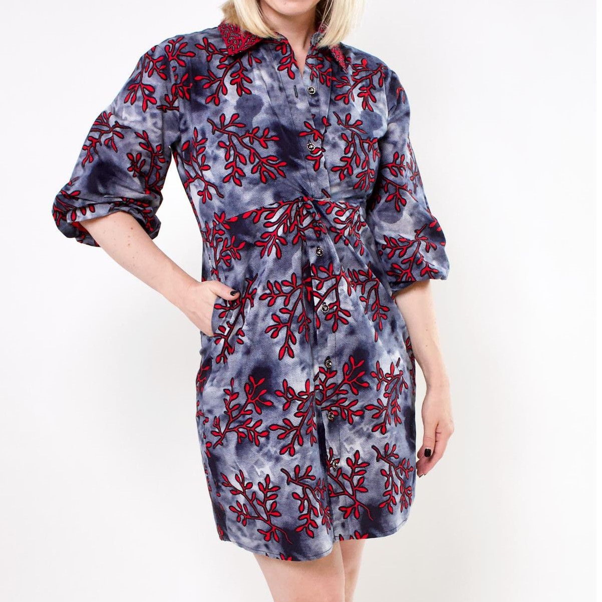 image of Prima Dona Blue Gray Red Leaf Mini Flare Sleeve Dress Size 10, Women's