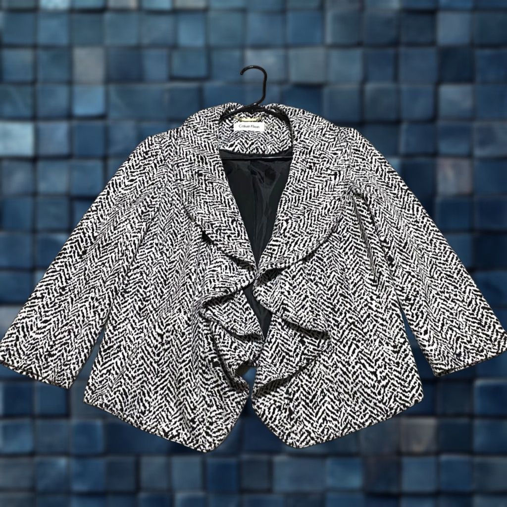 Calvin Klein Calvin Klein Womens Jacket sz 8 Blazer Black White Geometric Ruffle Open Front Size M / US 6-8 / IT 42-44 - 1 Thumbnail