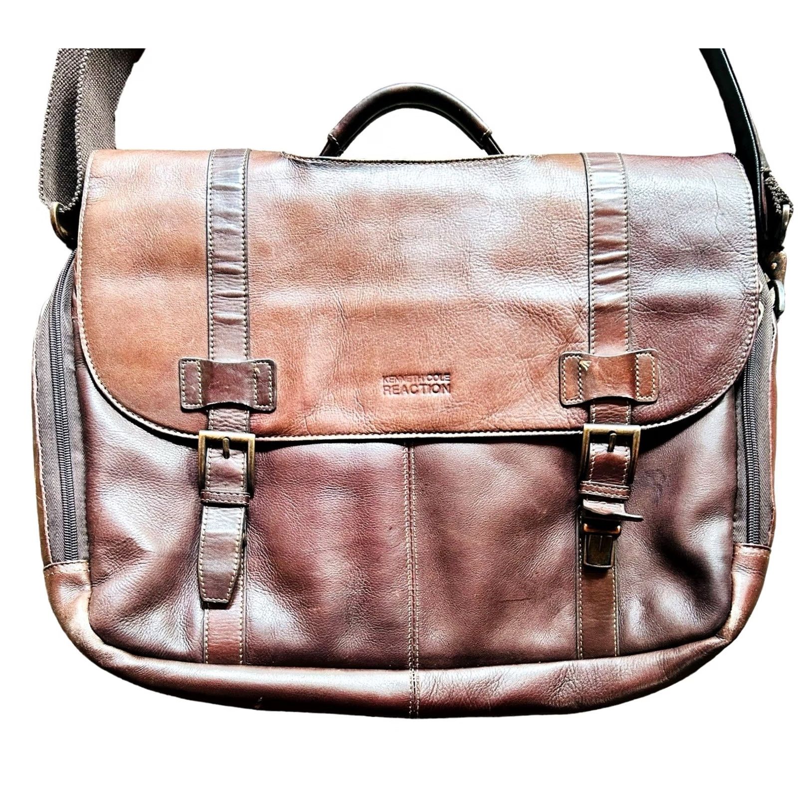 Kenneth Cole KENNETH COLE REACTION Show Business Messenger Briefcase Laptop Bag Leather Bag Brown Leather 17 in 14 in 4 in Mens Large Size ONE SIZE - 3 Thumbnail