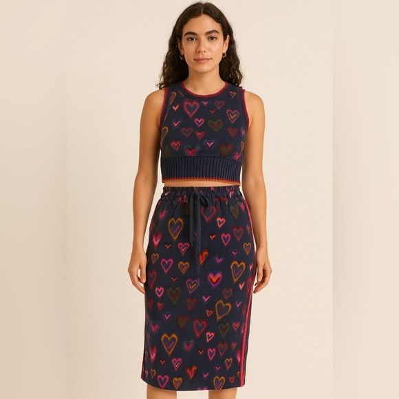Farm Rio FARM Rio Heart Print Knit Set (Top & Skirt /2pc Set) – (XS) Size XS / US 0-2 / IT 36-38 - 1 Thumbnail