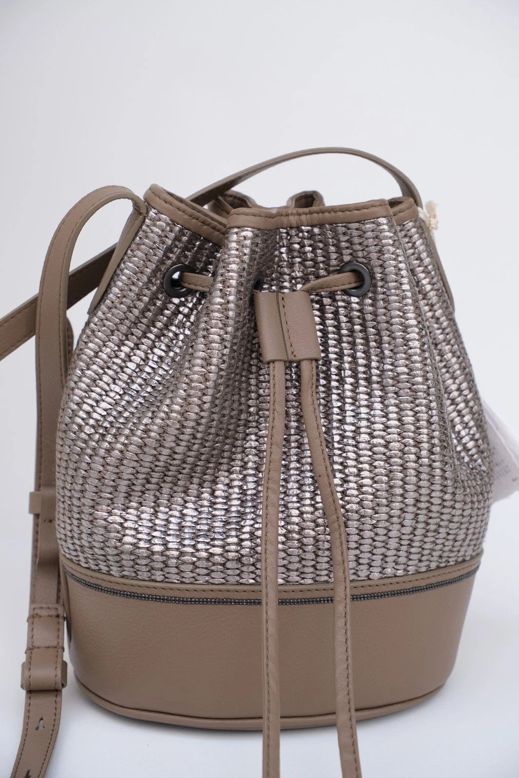 Brunello Cucinelli NEW Brunello Cucinelli Platinum Raffia & Leather Bucket Bag Size ONE SIZE - 2 Thumbnail