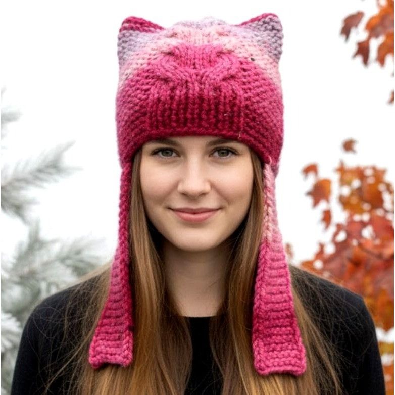 Handmade ⭐ Silky Hand-Knit Pink Cat Ear Earflap Winter Hat Handmade C Size ONE SIZE - 1 Thumbnail