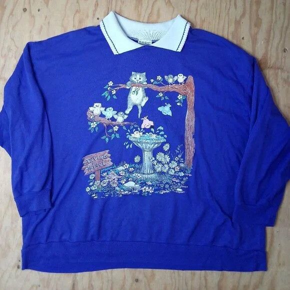 Basic Editions Vintage Diving School Cat & Bird Bath Collared Sweatshirt Size XXL / US 16-18 / IT 52-54 - 2 Thumbnail