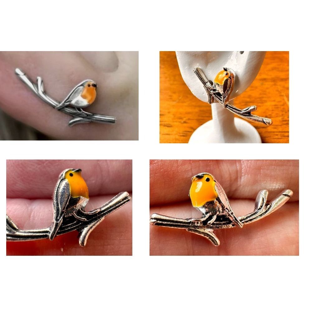 Handmade Robin Bird Earrings Ear Climbers New Orange Silver Tree Bran Size ONE SIZE - 5 Thumbnail