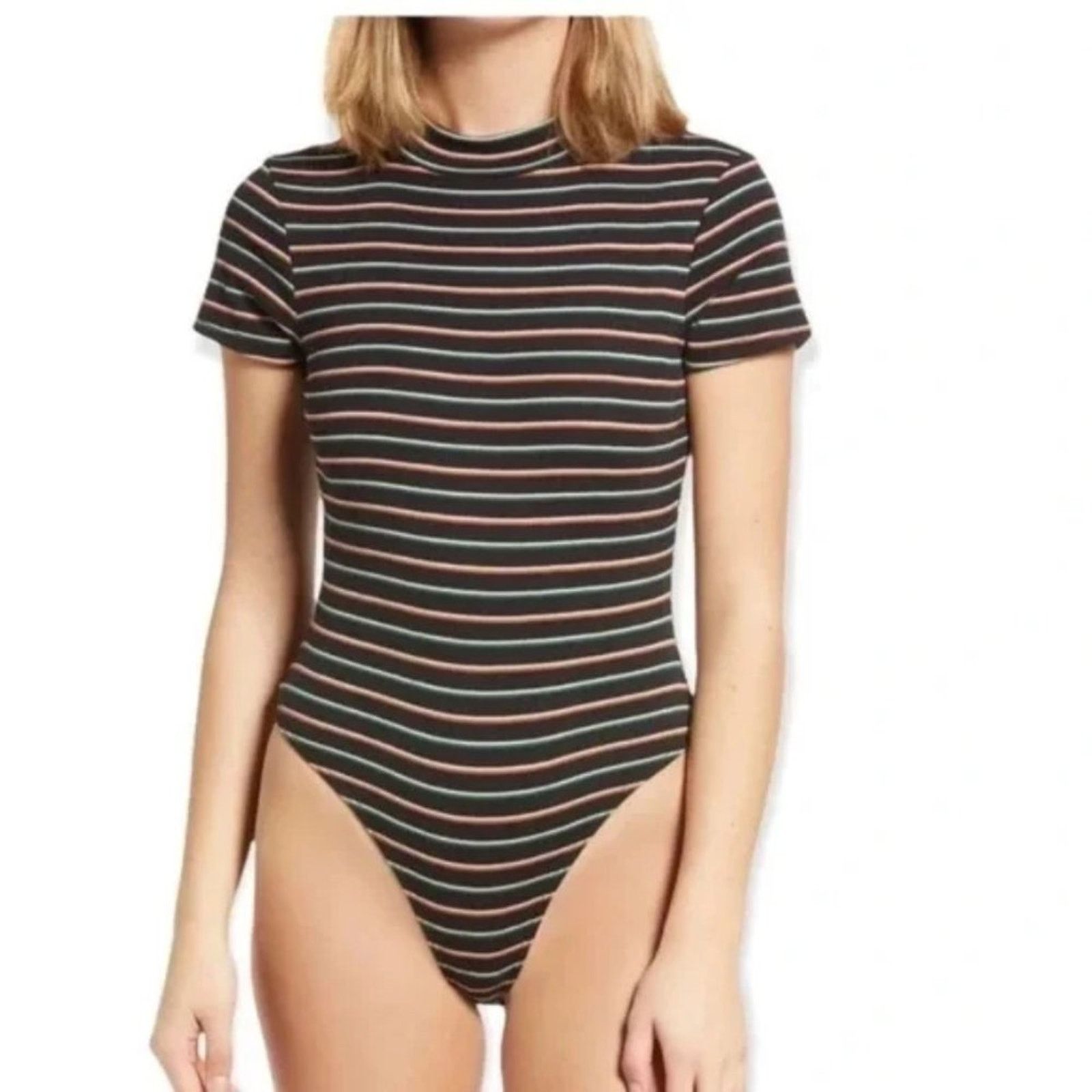 BP. BP Nordstrom Dani Black Multi Stripe Mock Neck Knit Bodysuit Size XL / US 12-14 / IT 48-50 - 2 Thumbnail