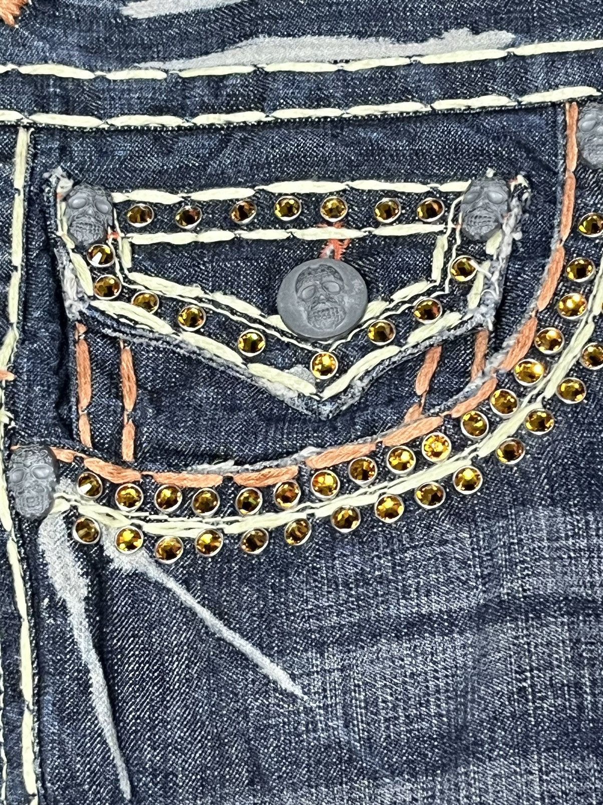 Vintage LAGUNA BEACH Big Stitch Gemstone Studded Skull Button Denim Size US 35 - 10 Thumbnail