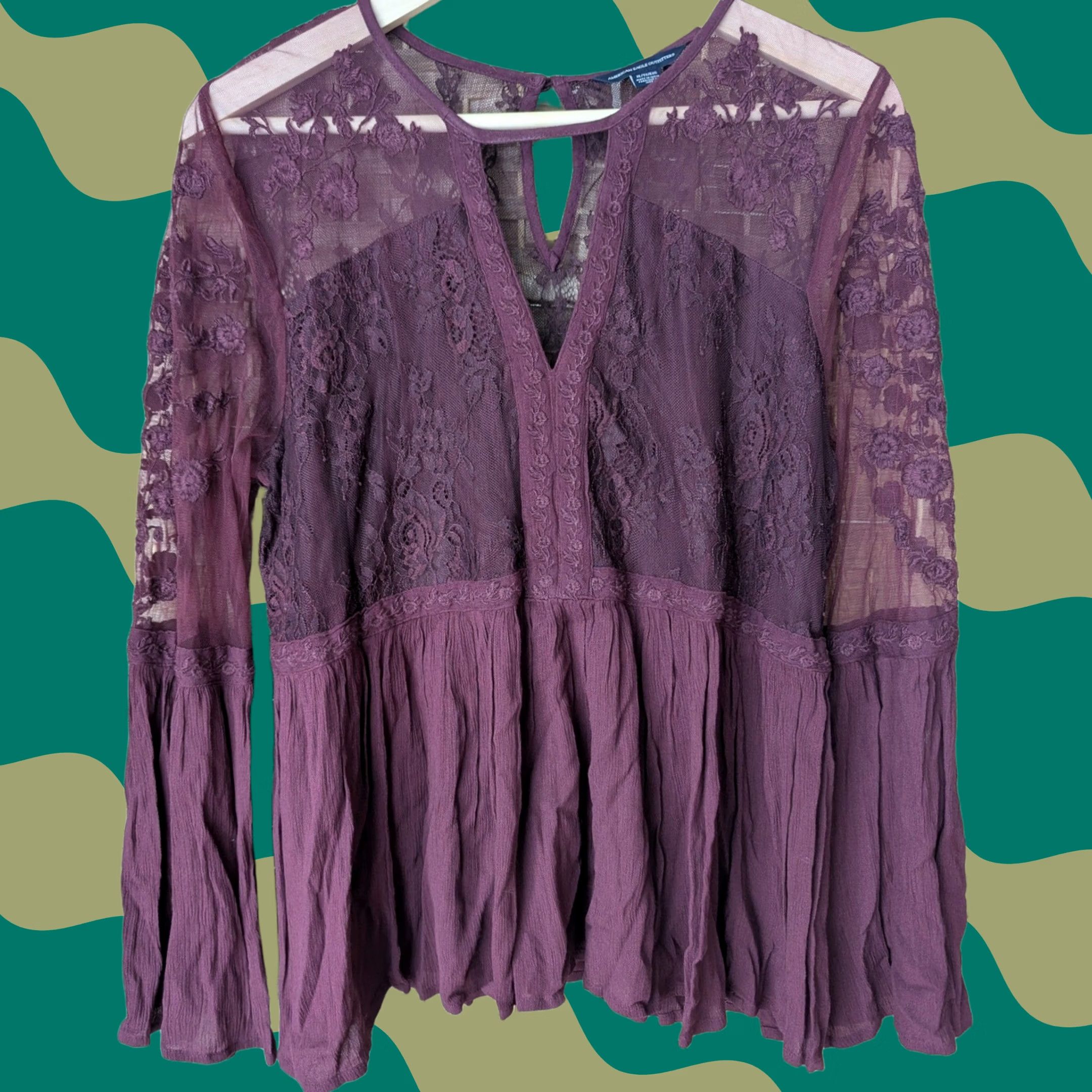 American Eagle Outfitters Burgundy Lace Peasant Top - American Eagle Womens Blouse Size XL / US 12-14 / IT 48-50 - 1 Thumbnail