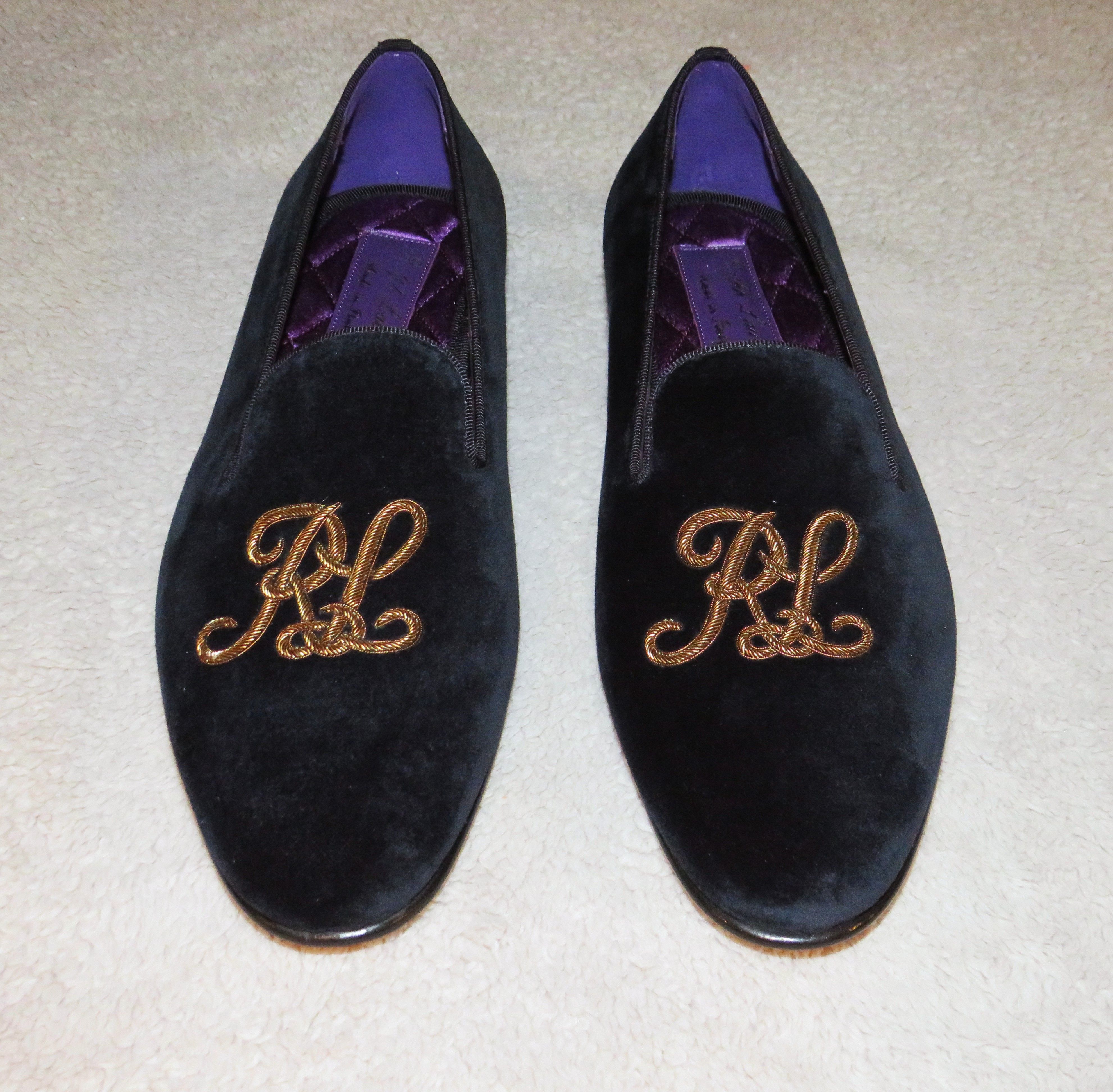Ralph Lauren Purple Label Alonzo Navy Gold Bullion RL Velvet Slipper 8D NWB Size US 8 / EU 41 - 1 Thumbnail