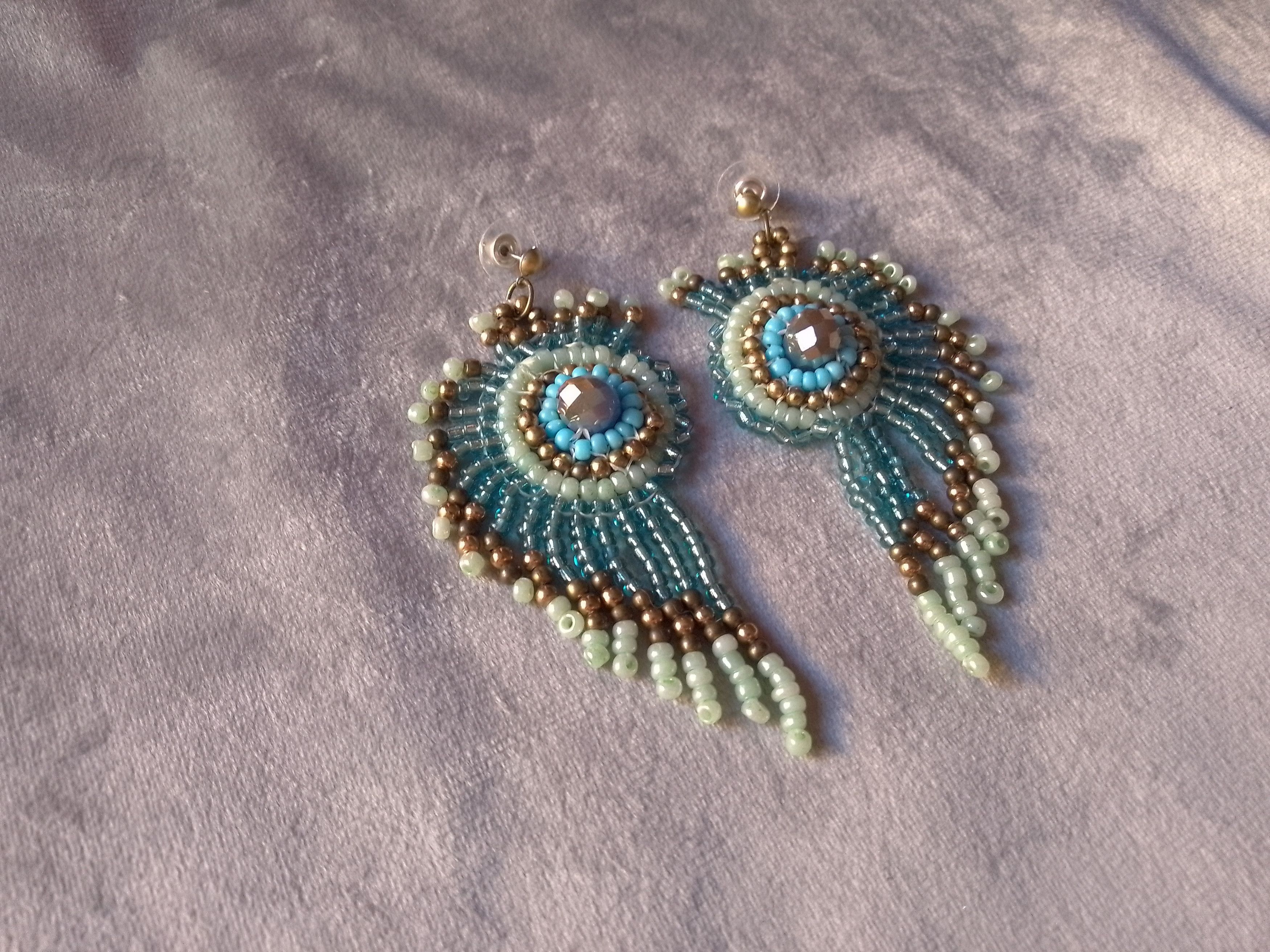 Handmade Earrings Long Crystal Green Turquoise Peacock Feather Size ONE SIZE - 5 Thumbnail