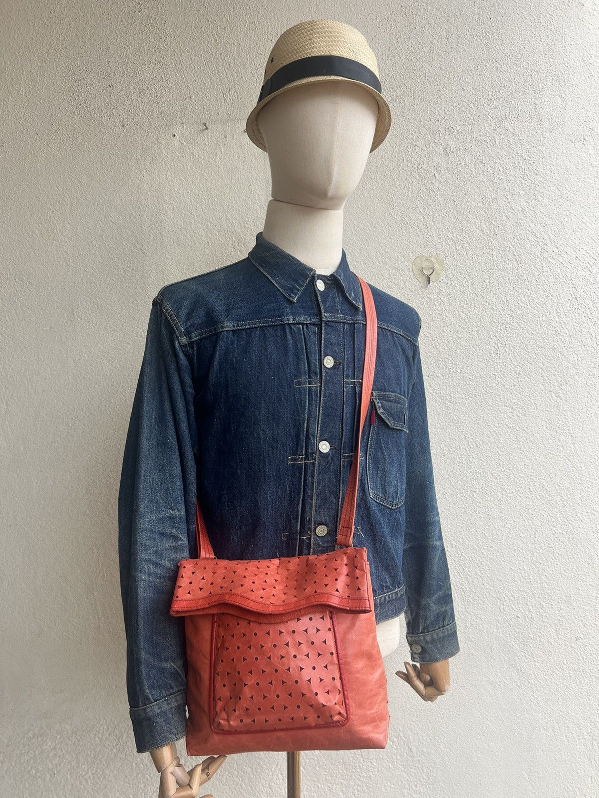 Leather VTG Produced by KOU Japan Fade Patina Punched Leather Bag Size ONE SIZE - 1 Thumbnail