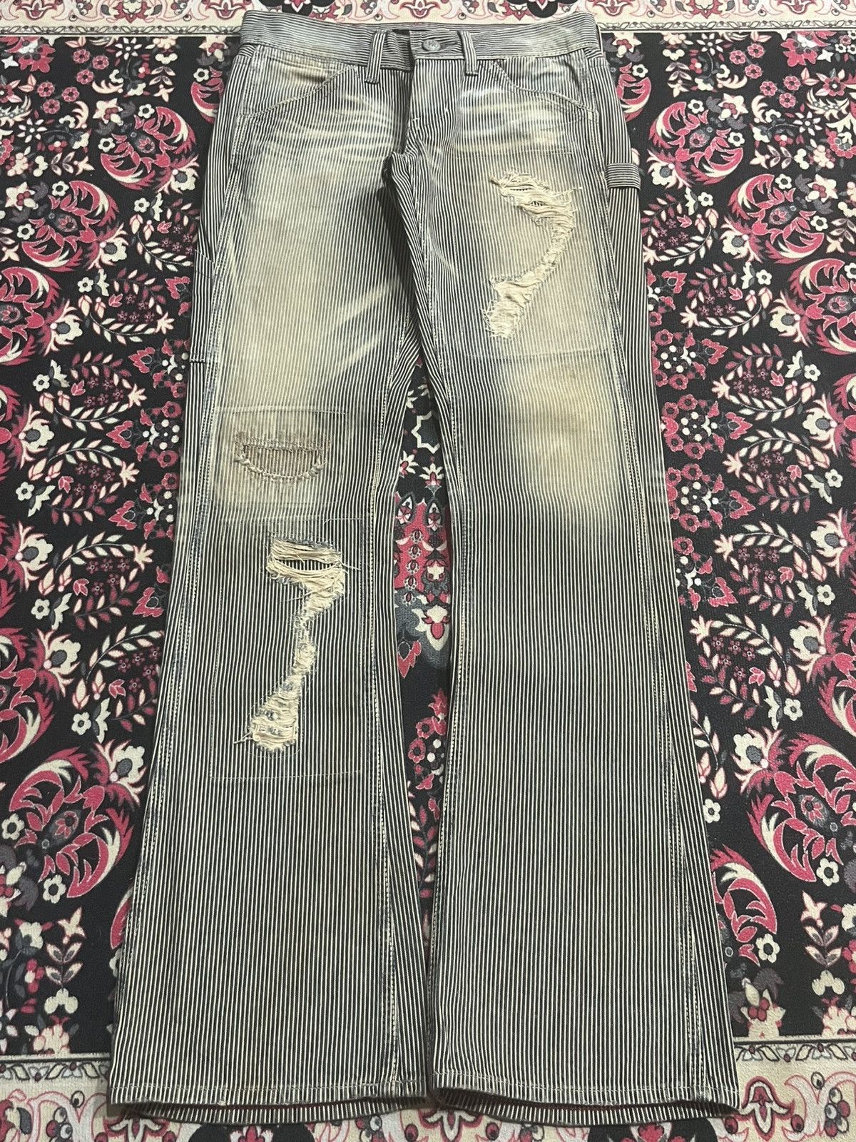 American Varosh Pinstripe Double Knee Ripped Flared Jeans
