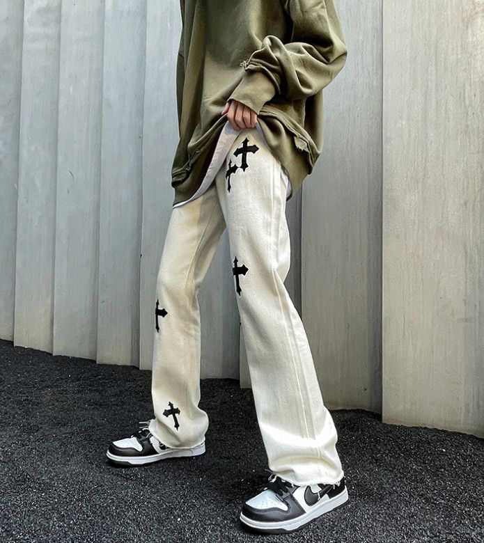 Japanese Brand Men's high street loose straight cross embroidered jeans Size US 32 / EU 48 - 2 Thumbnail