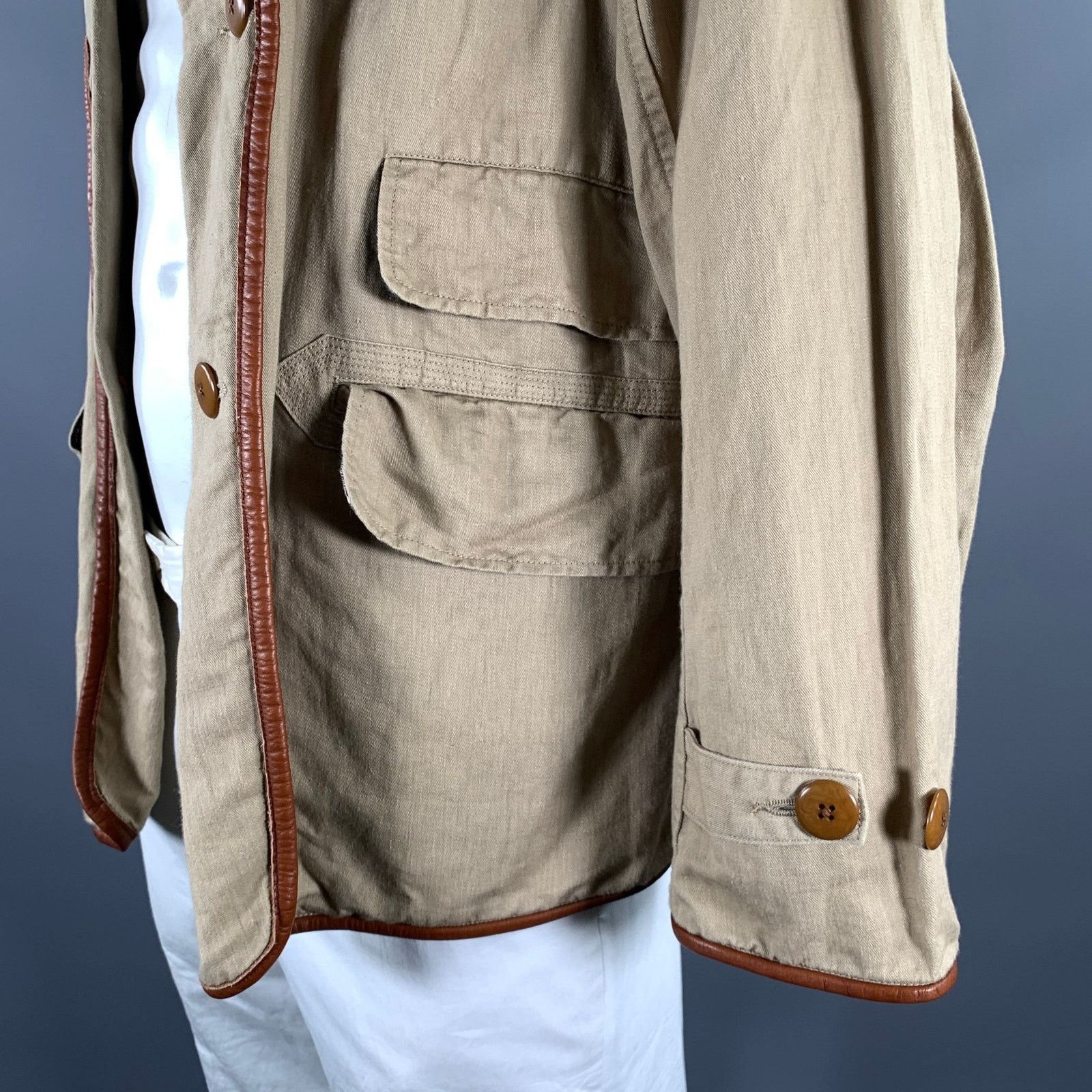 Kapital KAPITAL XL Khaki Cotton Hemp Leather Trim Notch Lapel Jacket Size US XL / EU 56 / 4 - 5 Thumbnail